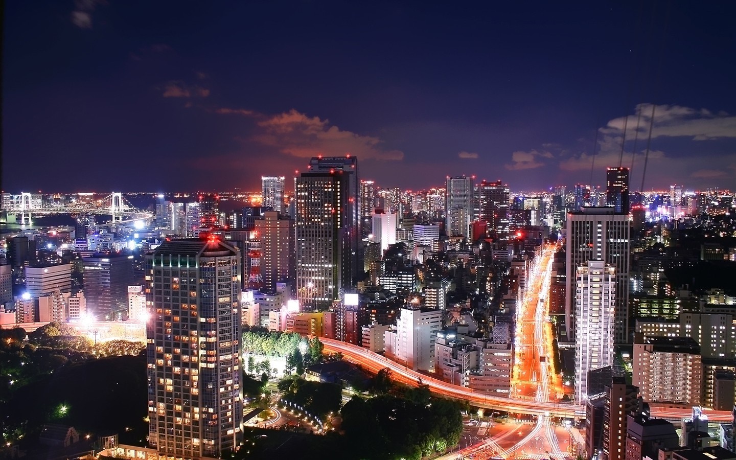 Night cityscape with illuminated skyscrapers and bridges HD Wallpaper
