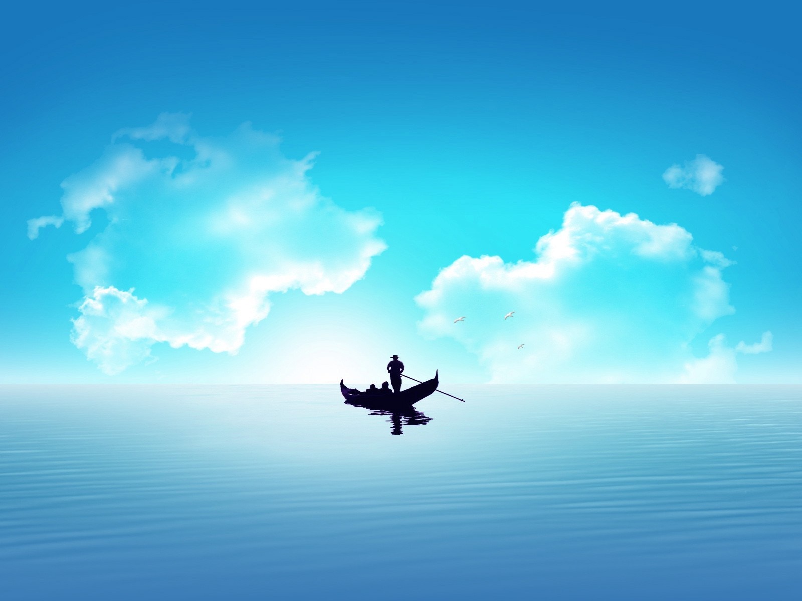 Gondola with people on calm sea under blue sky with clouds HD Wallpaper