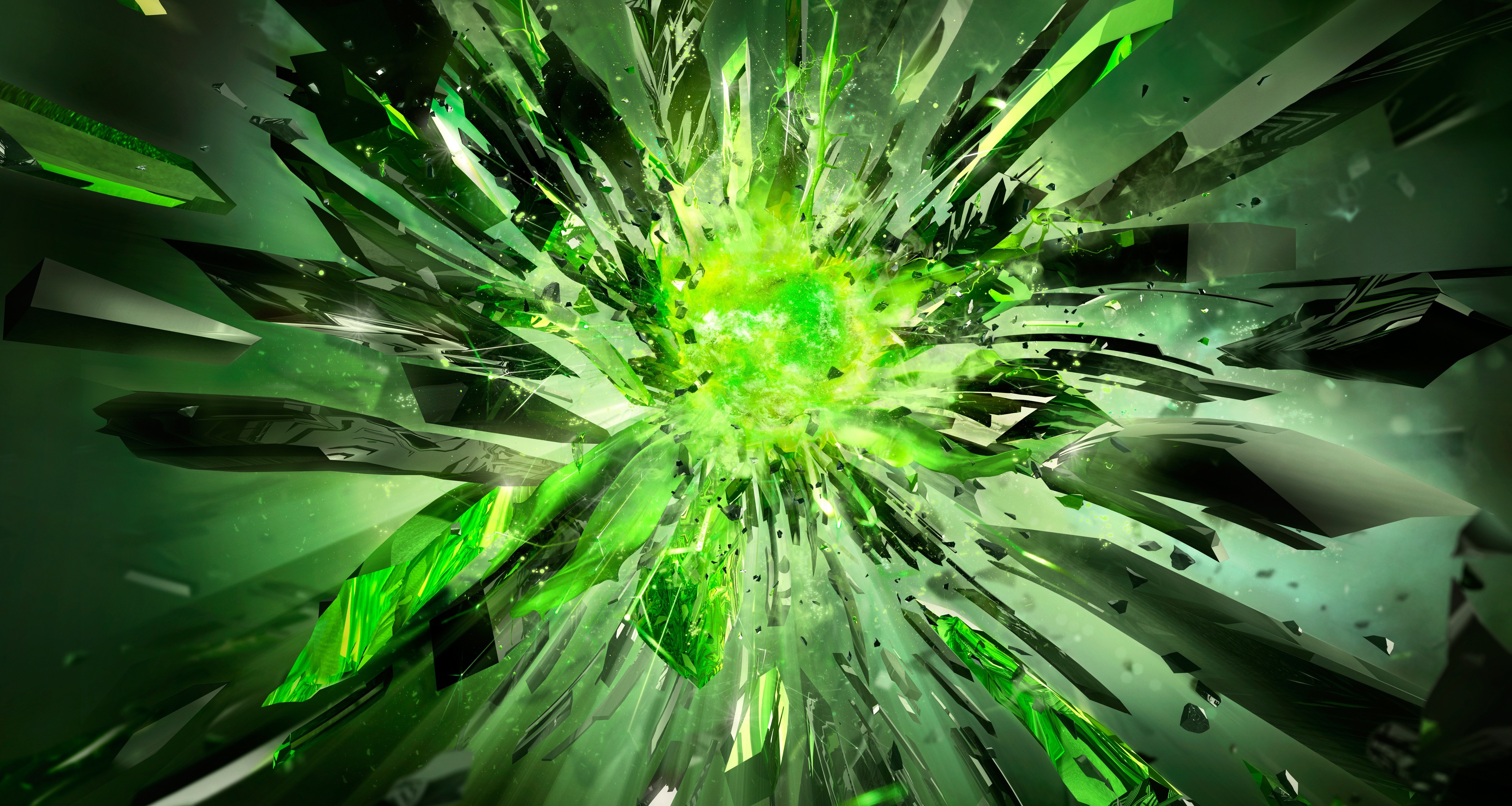 Abstract green explosion of geometric shapes HD Wallpaper