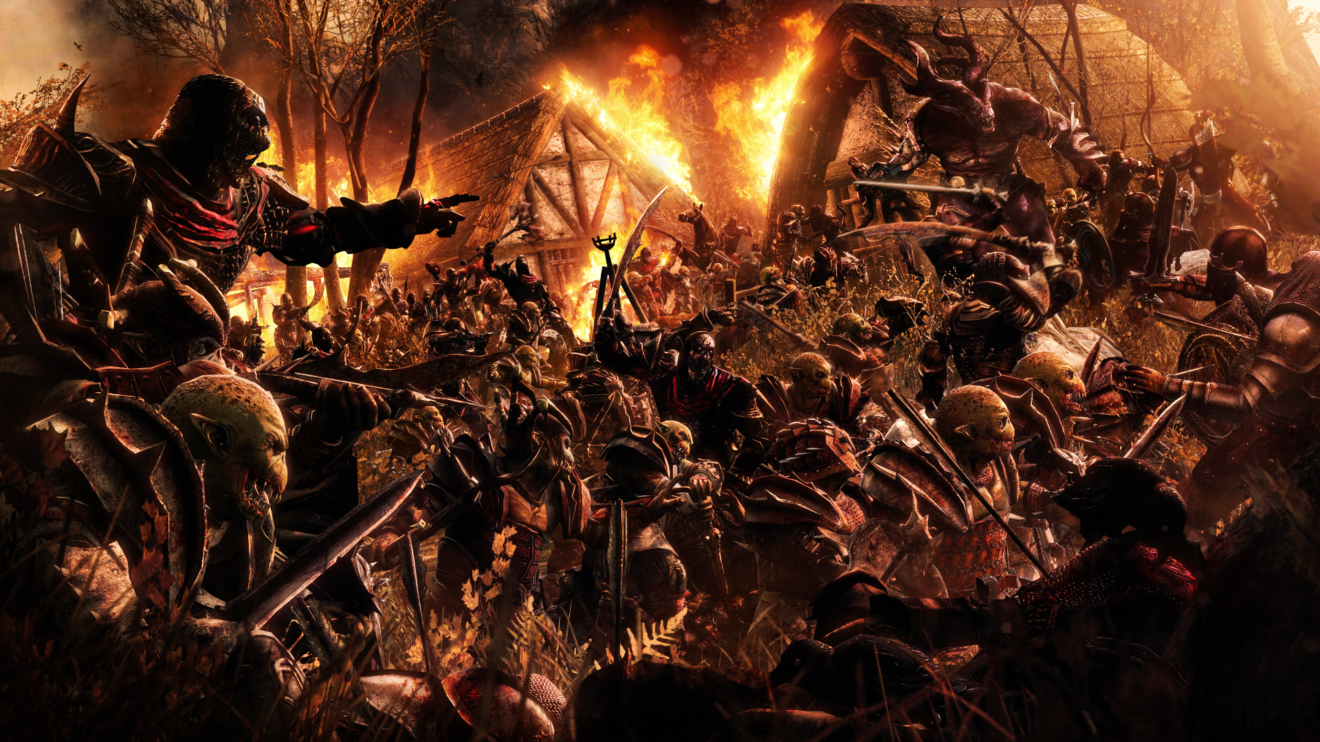 Orcs and demons in a fiery battle HD Wallpaper