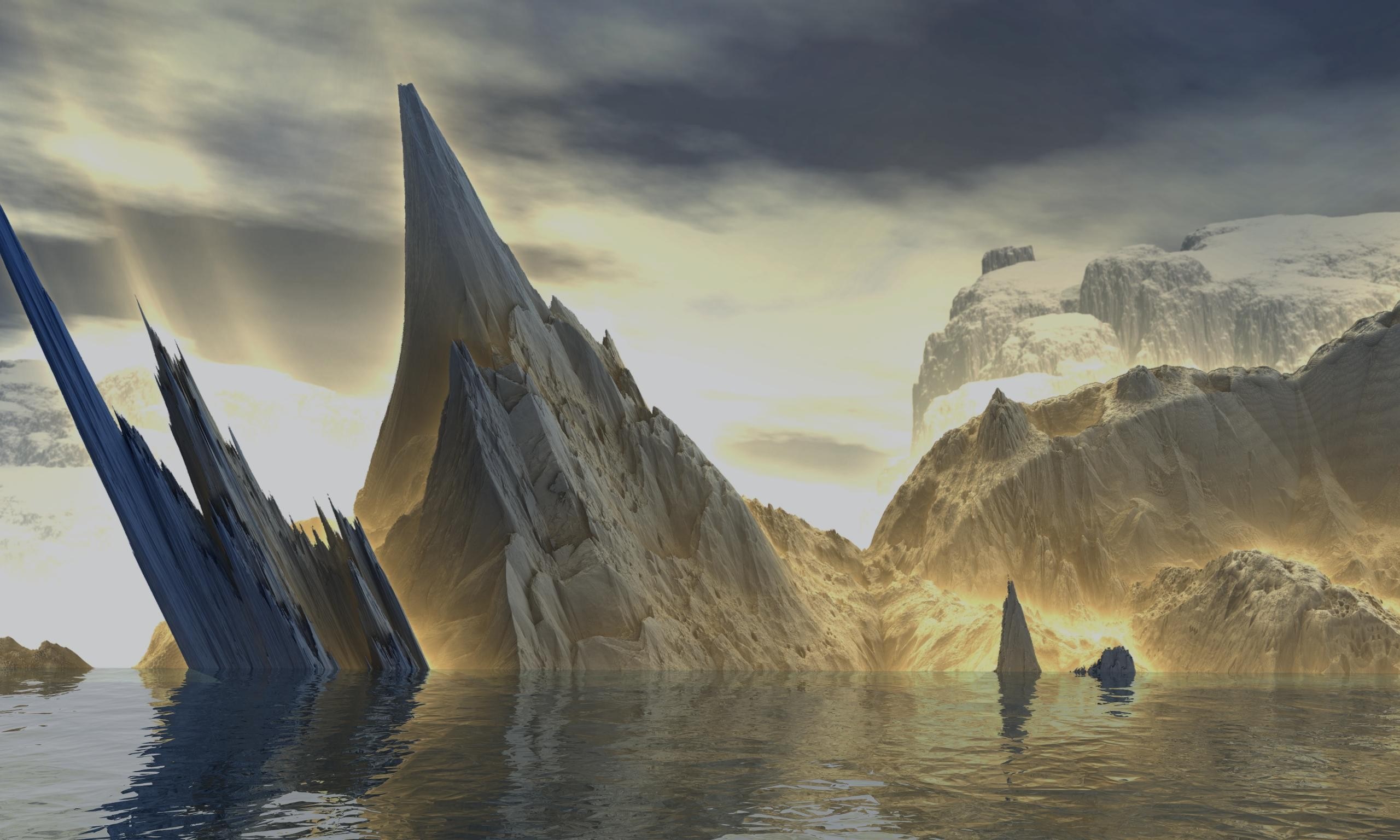 Fantasy landscape with sharp rock formations and sunlight HD Wallpaper