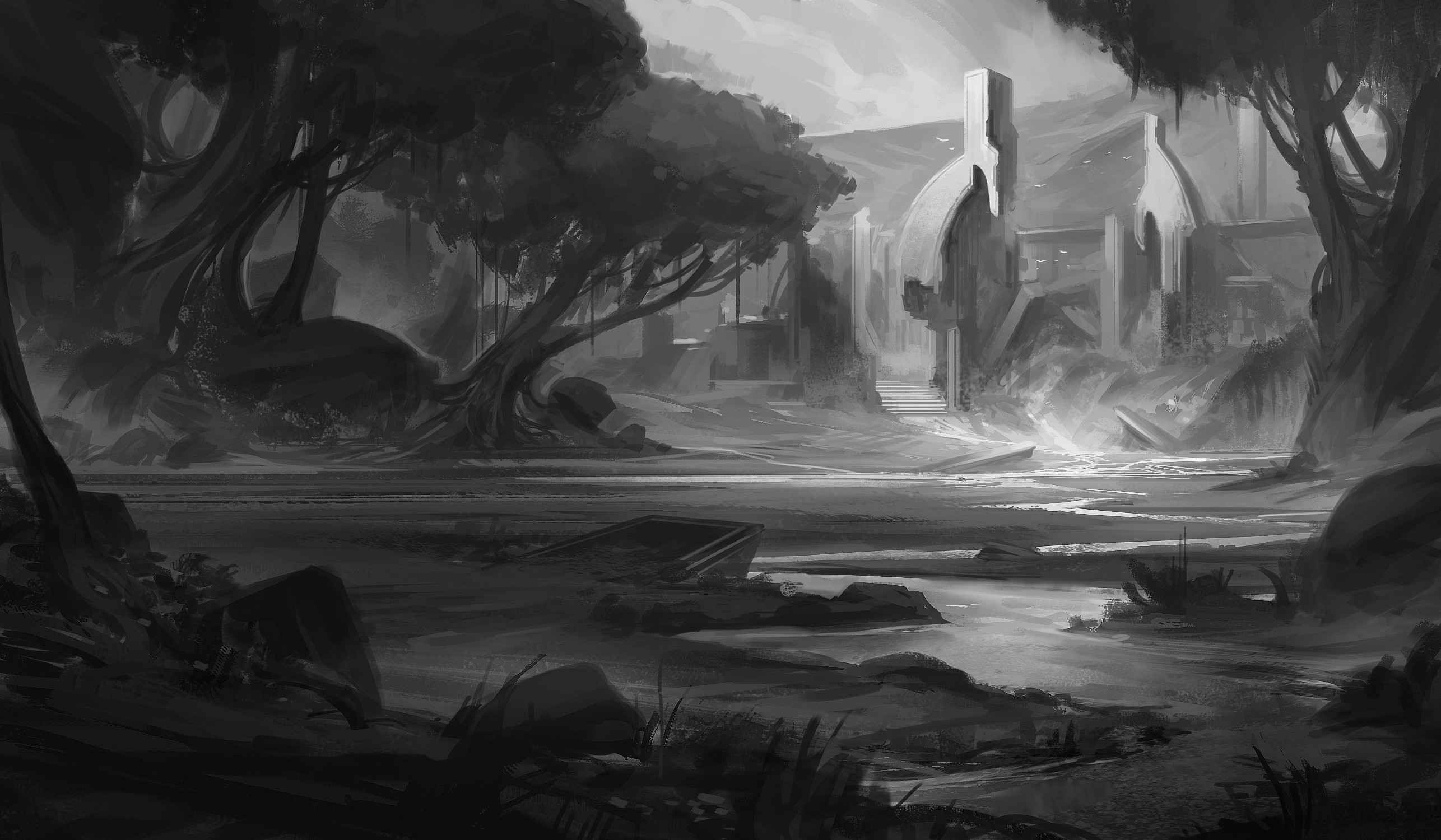 Ruined structures in a dark, overgrown landscape HD Wallpaper