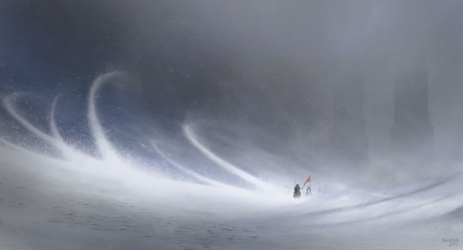 Figures in a blizzard with swirling snow HD Wallpaper