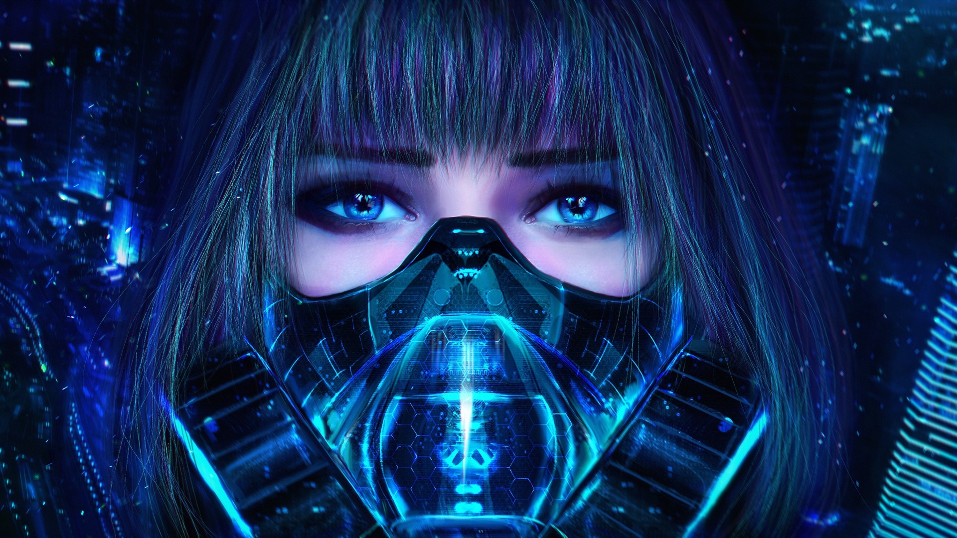 Woman with futuristic mask in blue city HD Wallpaper