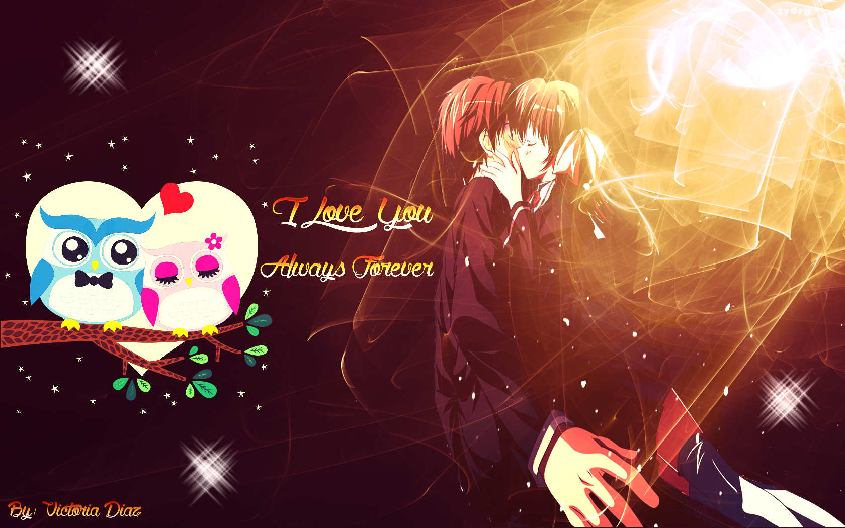 Anime couple kissing with owls and text HD Wallpaper