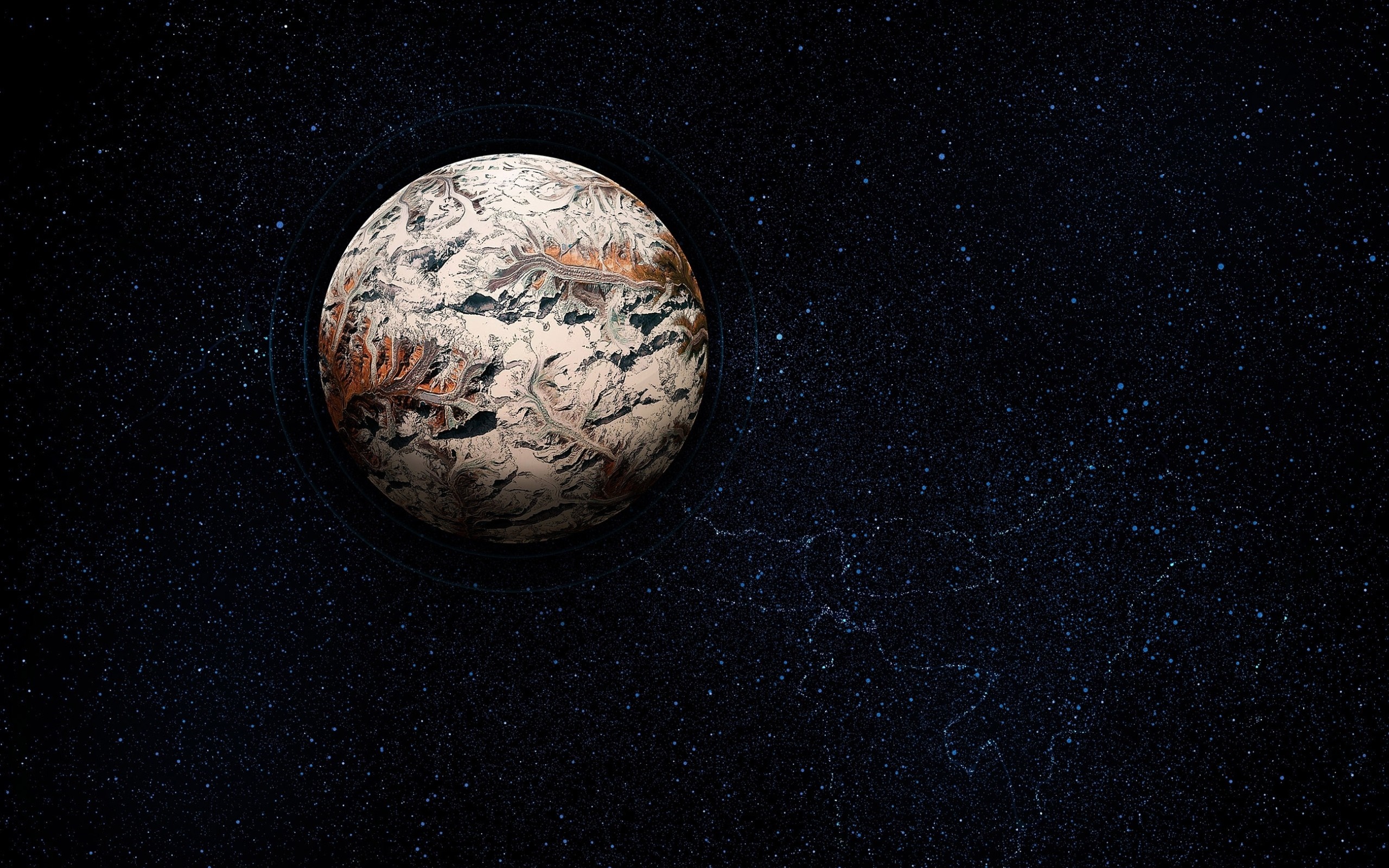 Planet with mountainous terrain in starry space HD Wallpaper