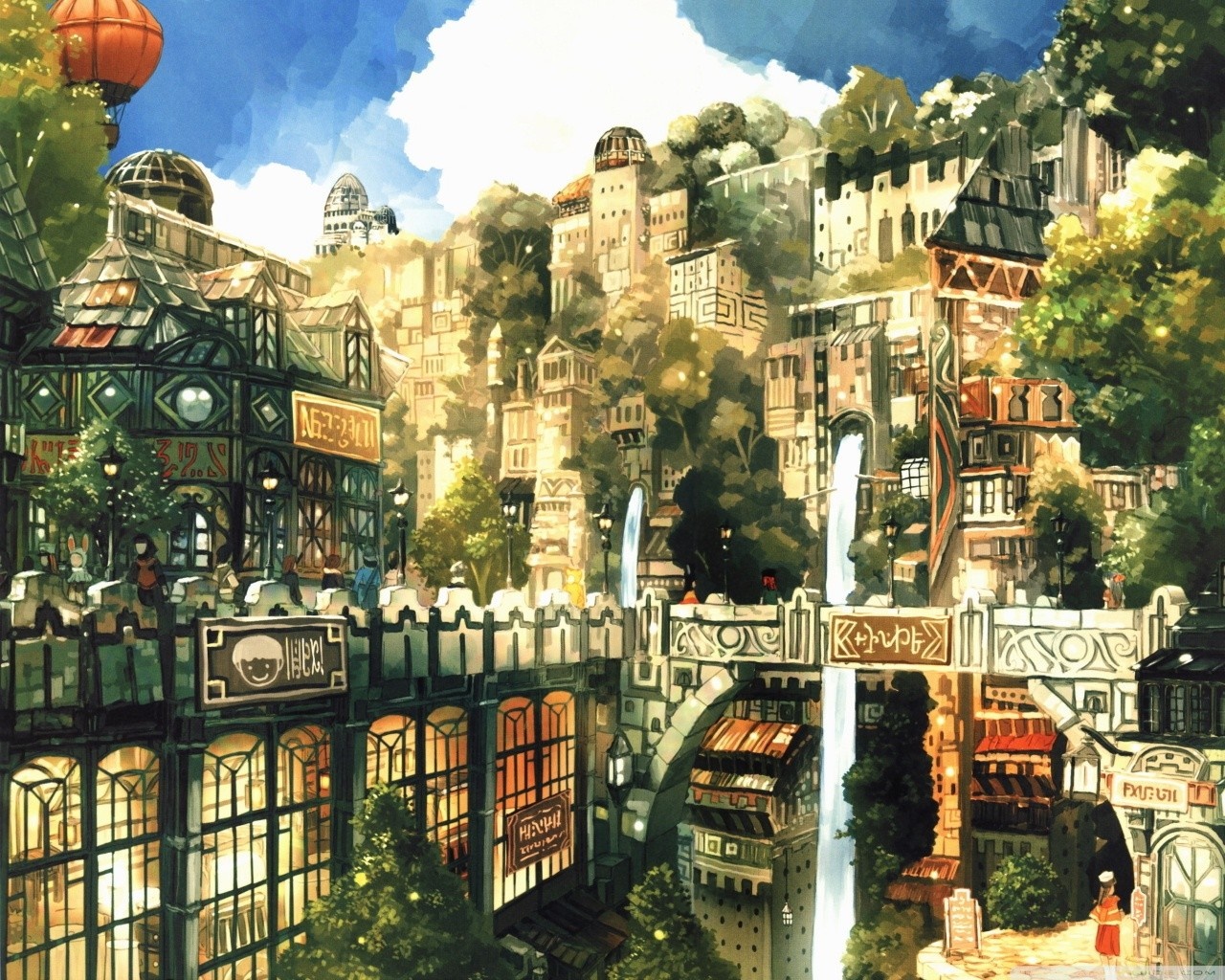 Anime city with waterfalls and hot air balloon HD Wallpaper