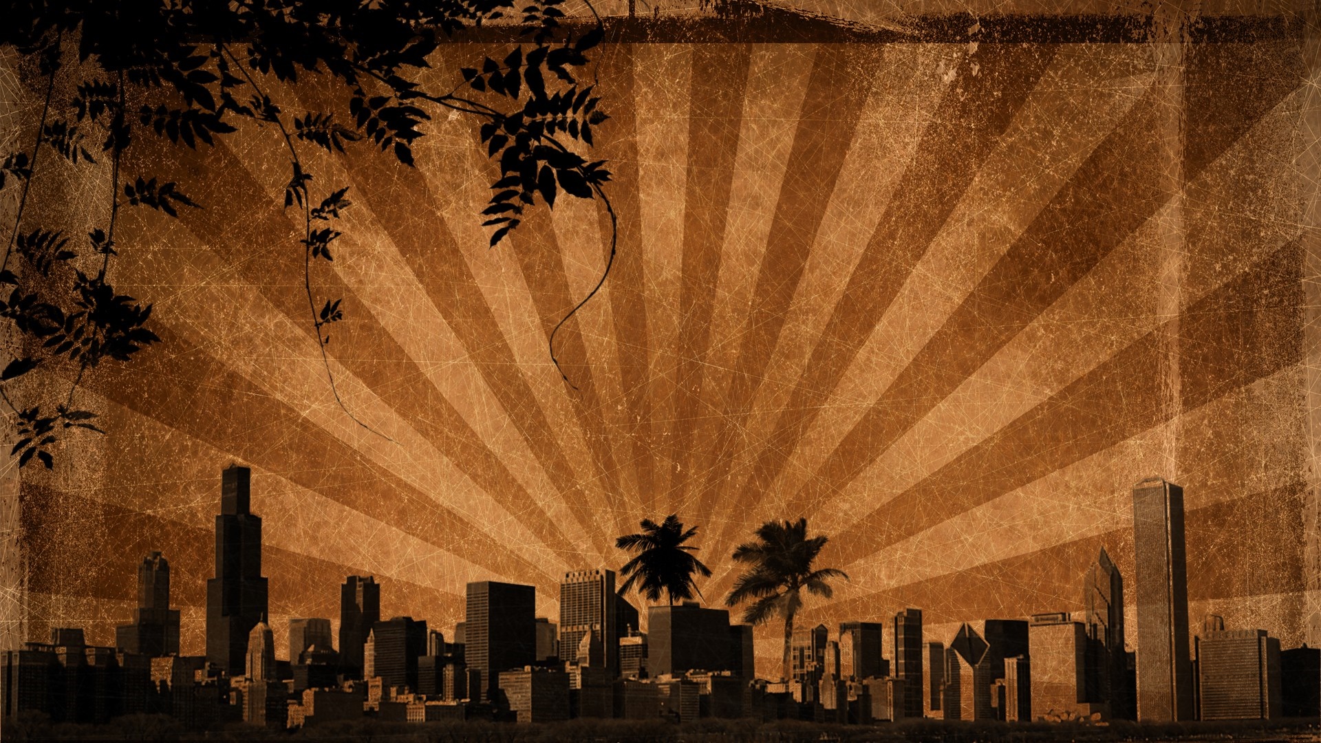 Cityscape with Sunbeams and Foliage HD Wallpaper