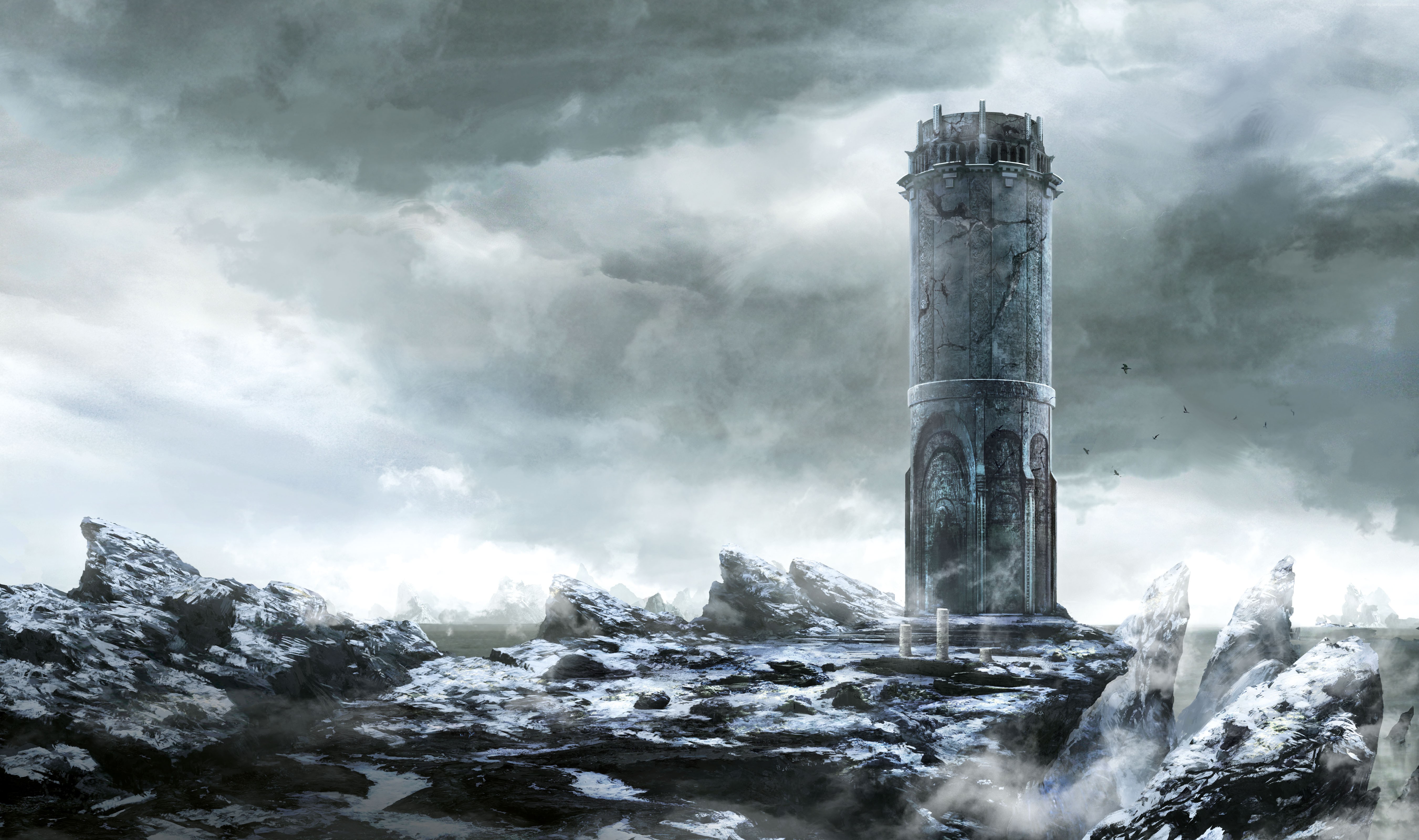 Tower in a rocky, snowy landscape from The Witcher 3: Wild Hunt 4K HD Wallpaper