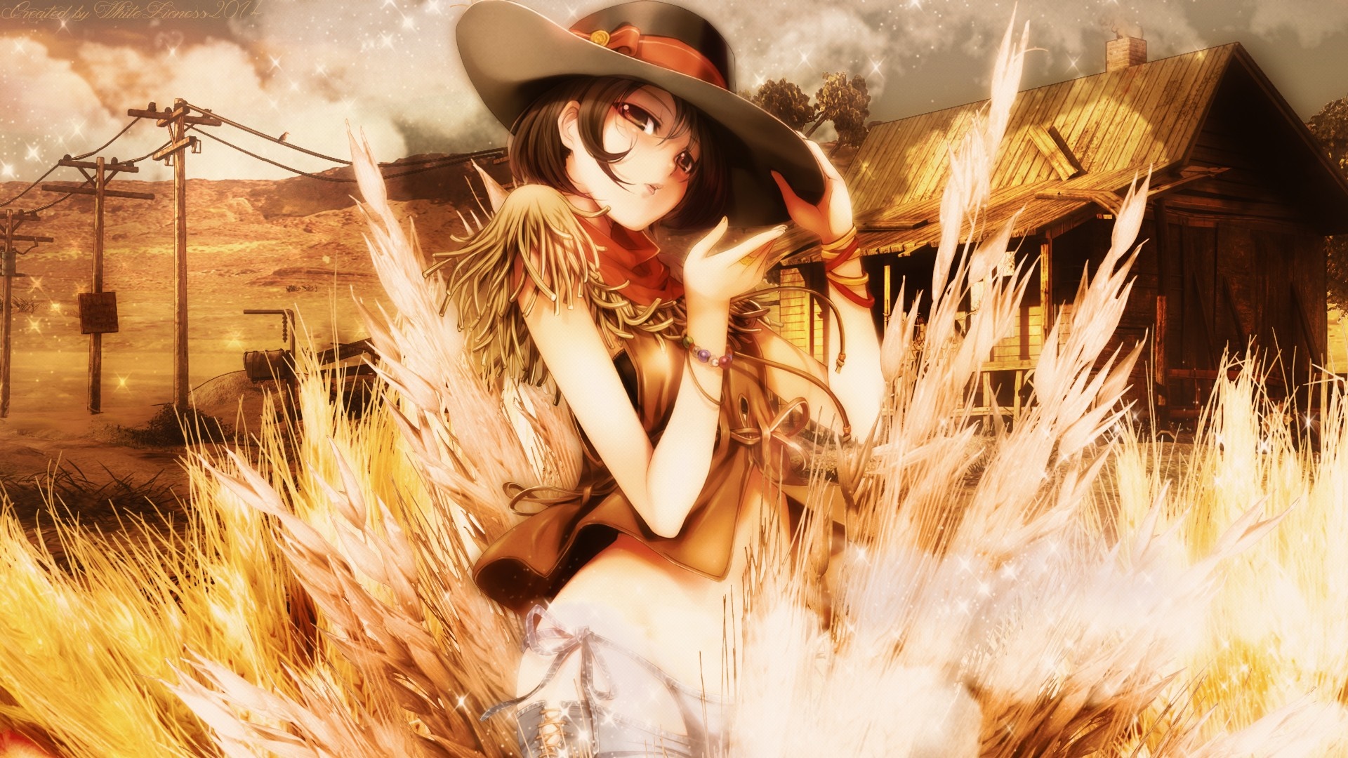 Anime girl in cowboy hat in a wheat field HD Wallpaper