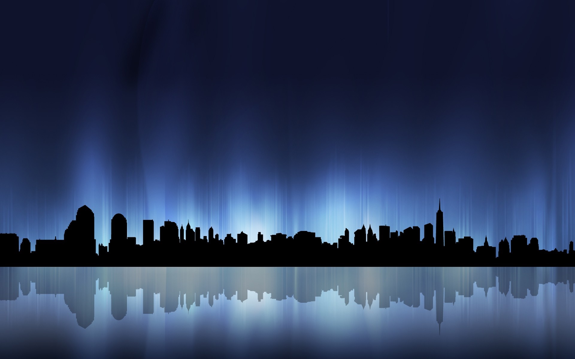 City skyline silhouette with blue aurora reflection HD Wallpaper