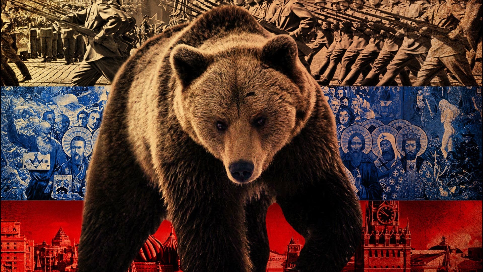 Russian Bear with Russian Flag and Military Imagery HD Wallpaper