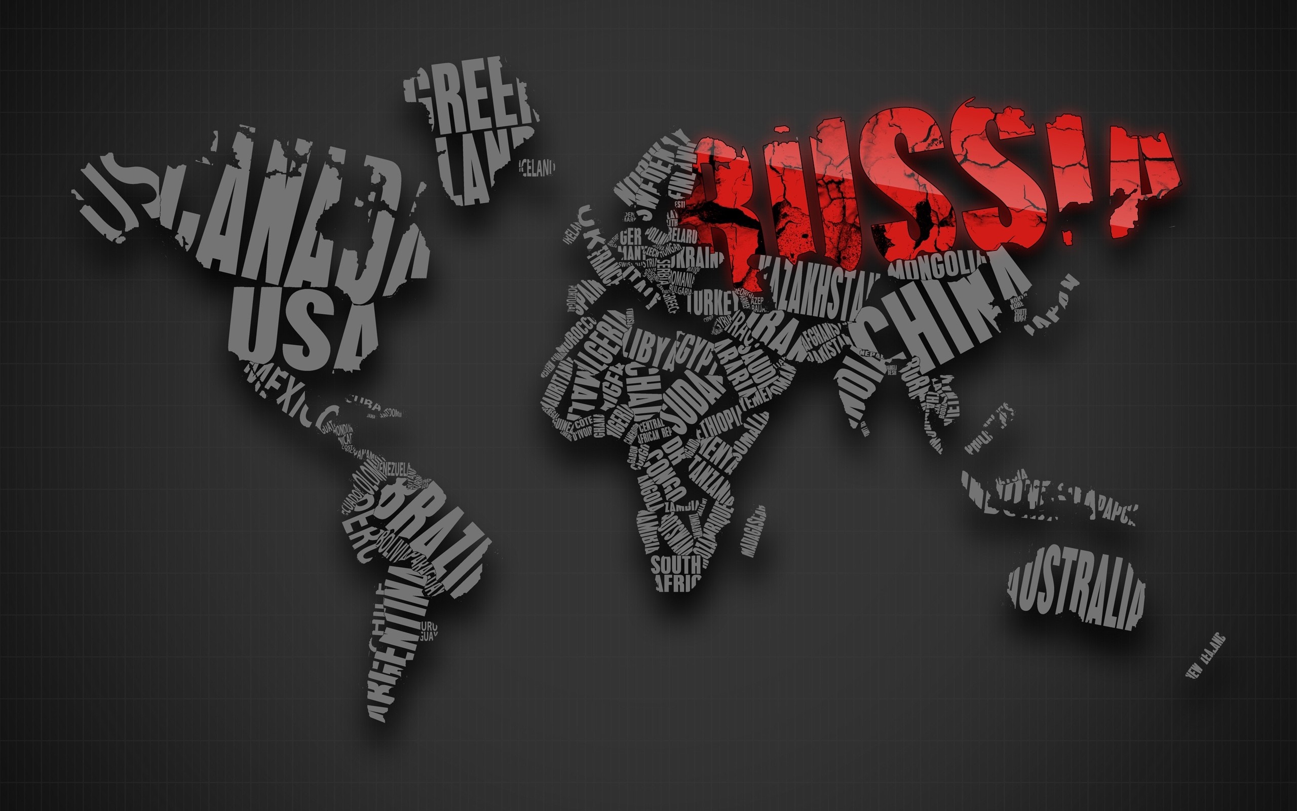 World map made of country names with Russia highlighted in red HD Wallpaper