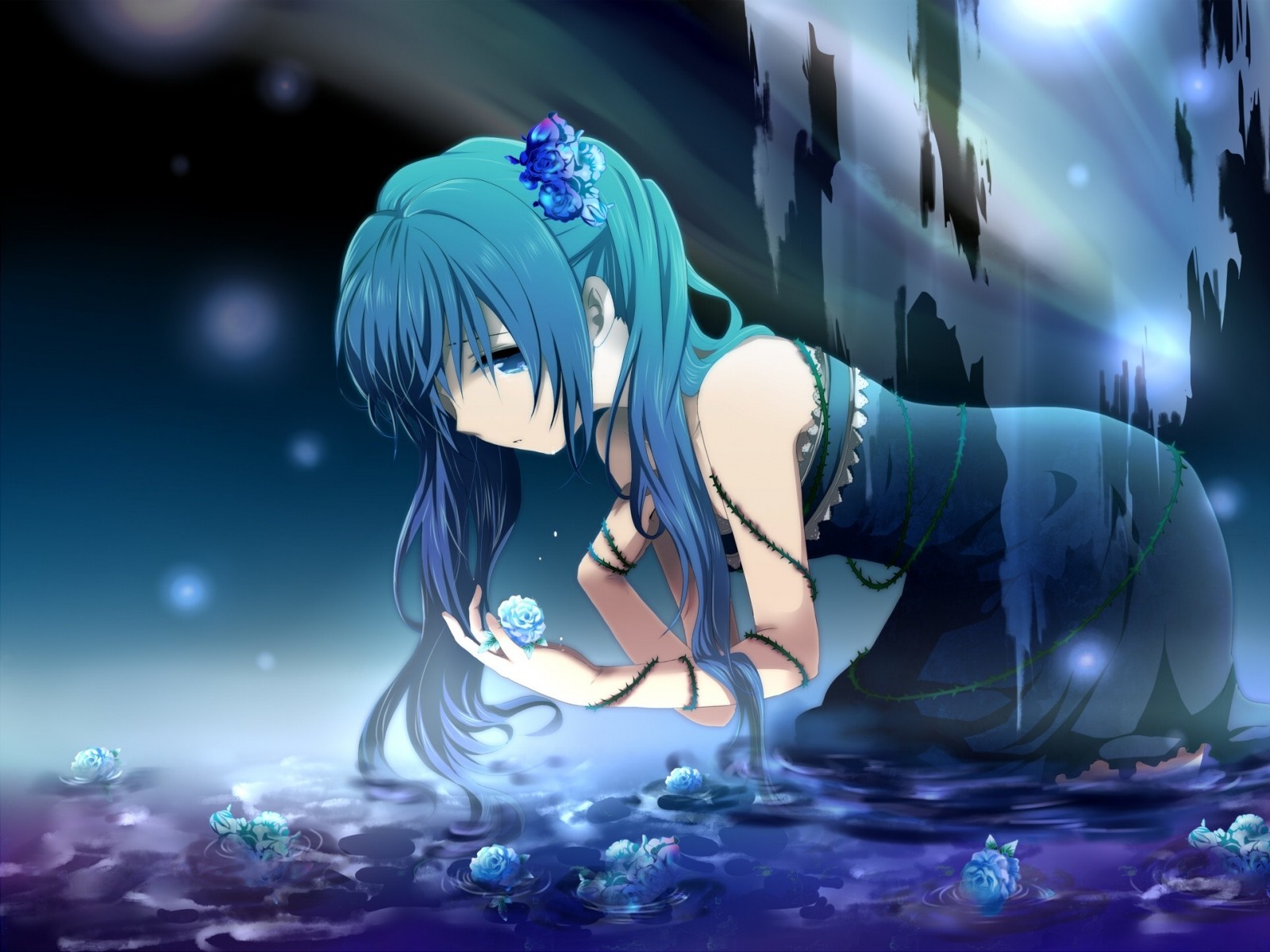 Hatsune Miku from Vocaloid singing with a microphone HD Wallpaper