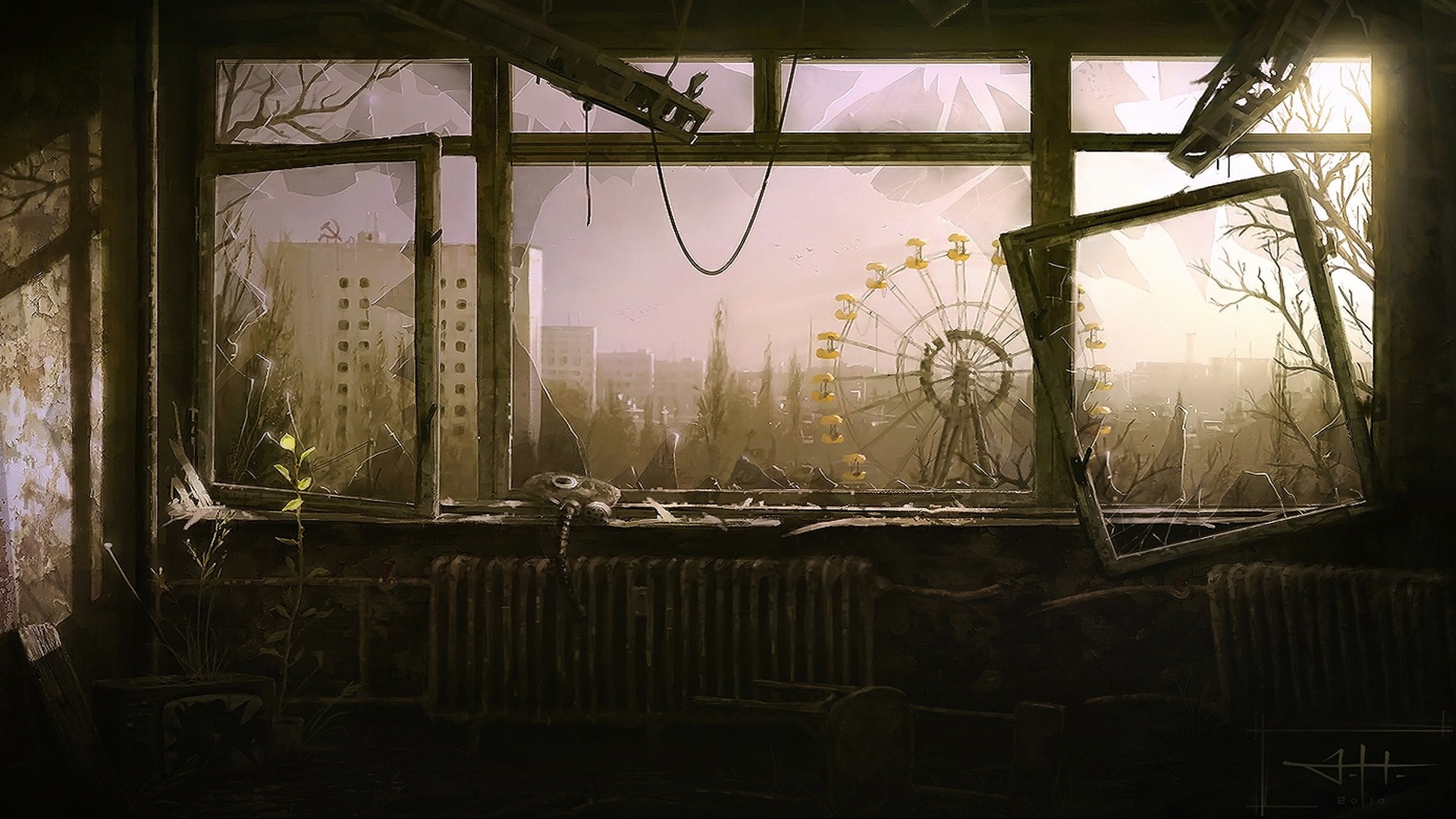 Abandoned city with Ferris wheel through broken window HD Wallpaper