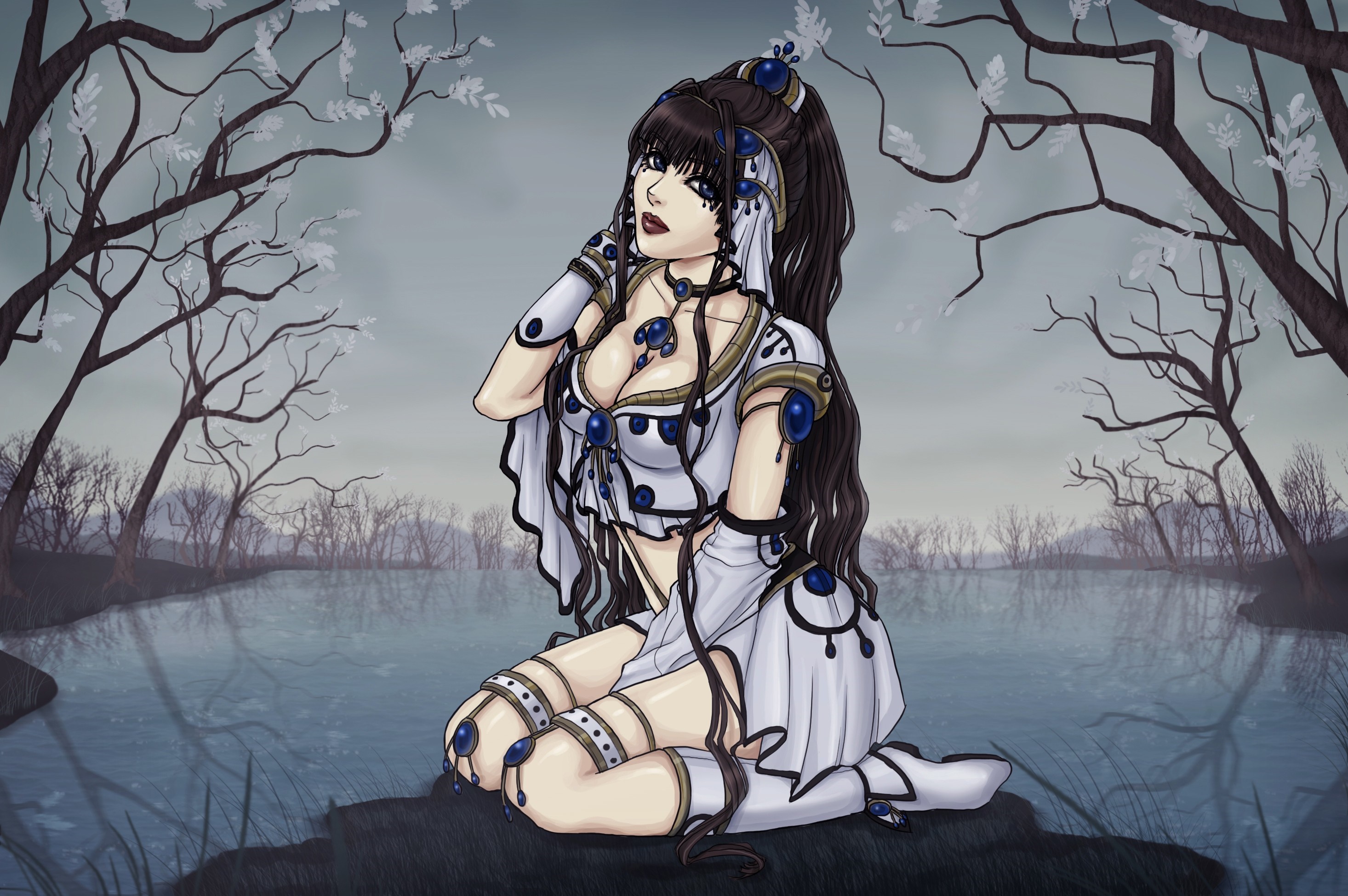 Anime woman in white and blue costume by a lake HD Wallpaper