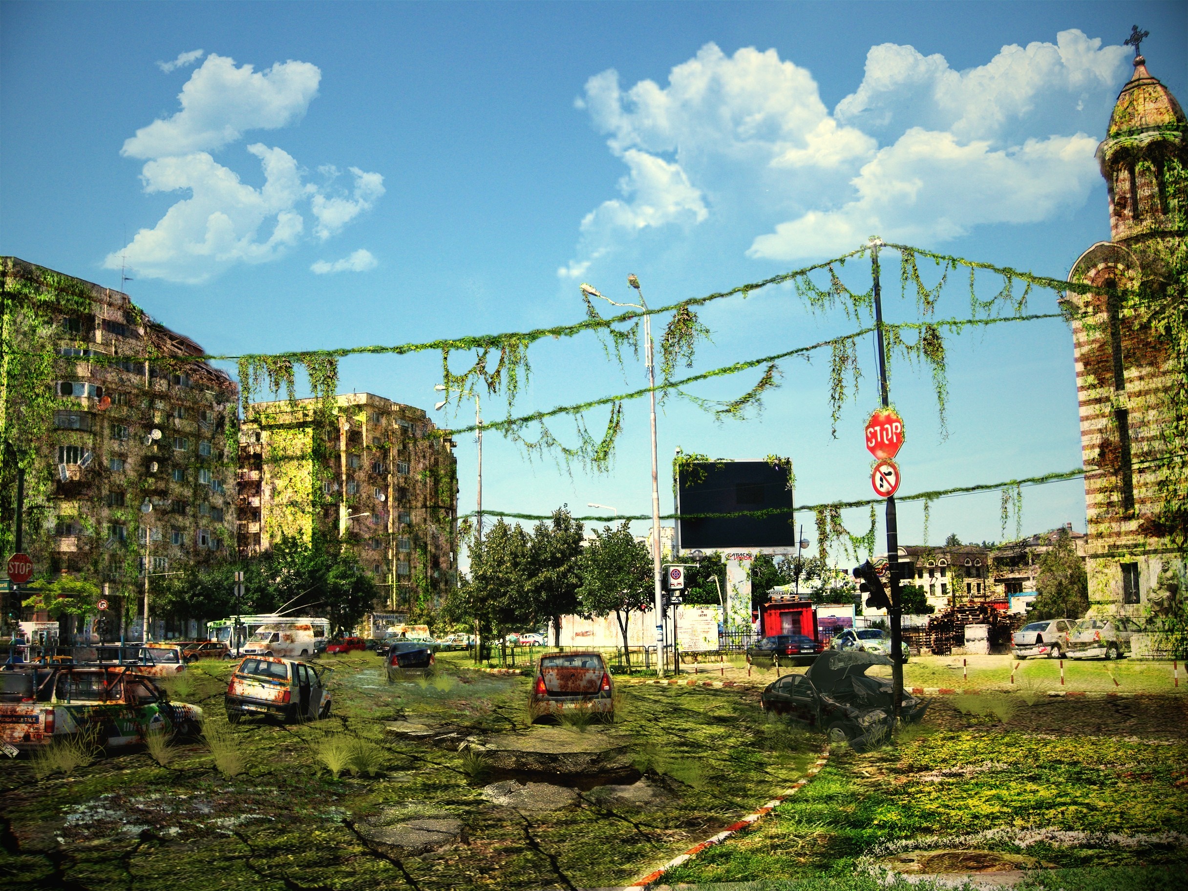 Apocalyptic cityscape with overgrown buildings and abandoned cars HD Wallpaper
