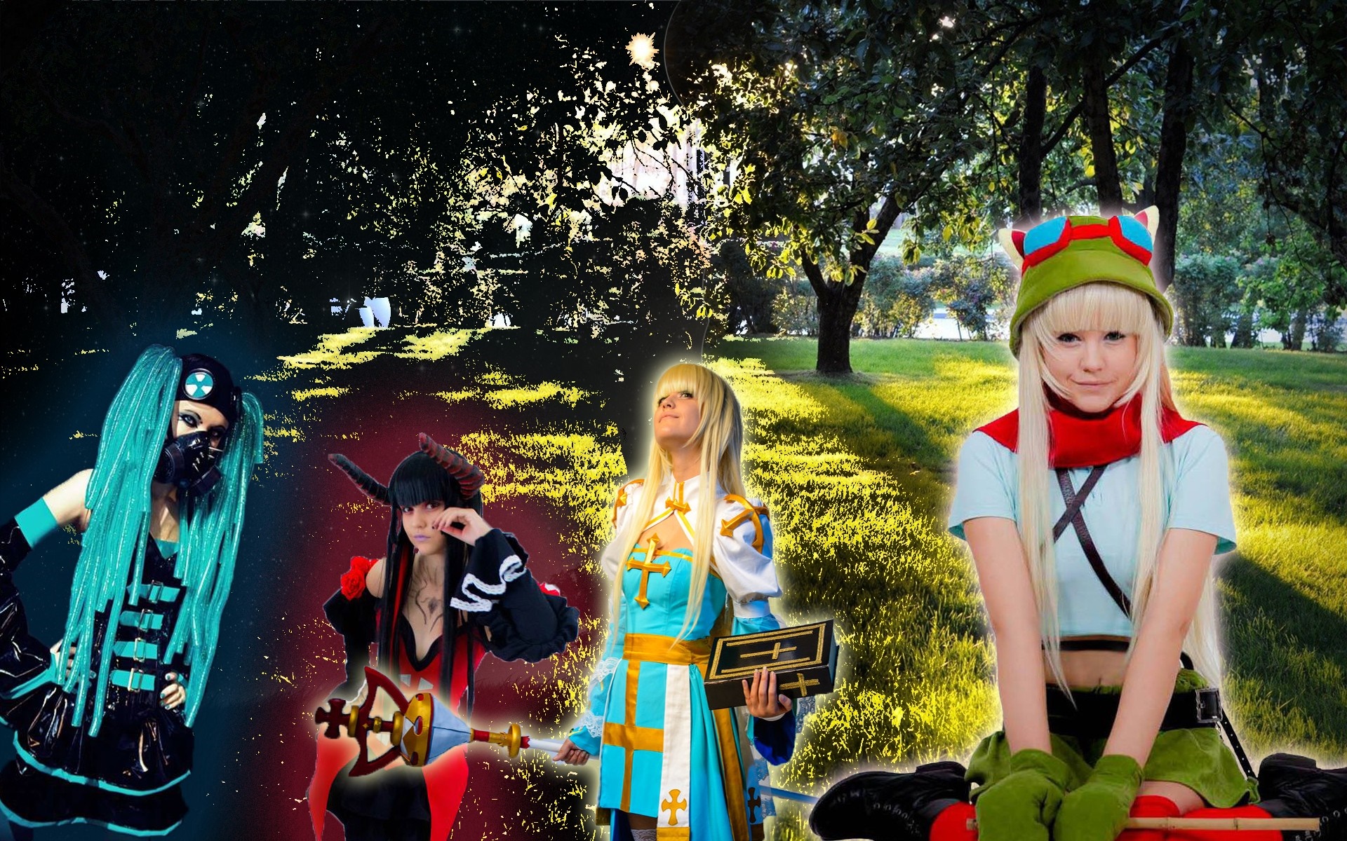 Four women in cosplay in a park HD Wallpaper