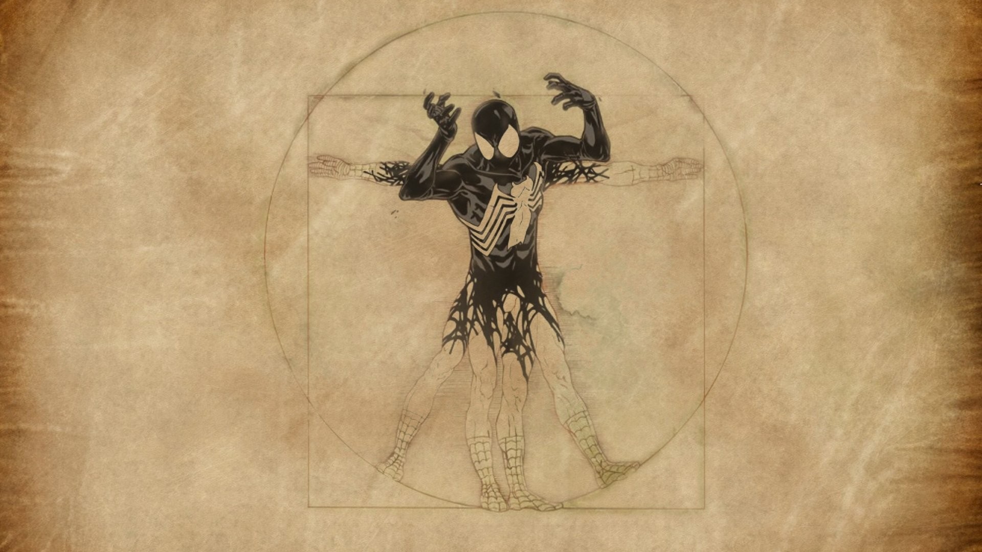 Spider-Man Black Suit Vitruvian Man Illustration HD Wallpaper