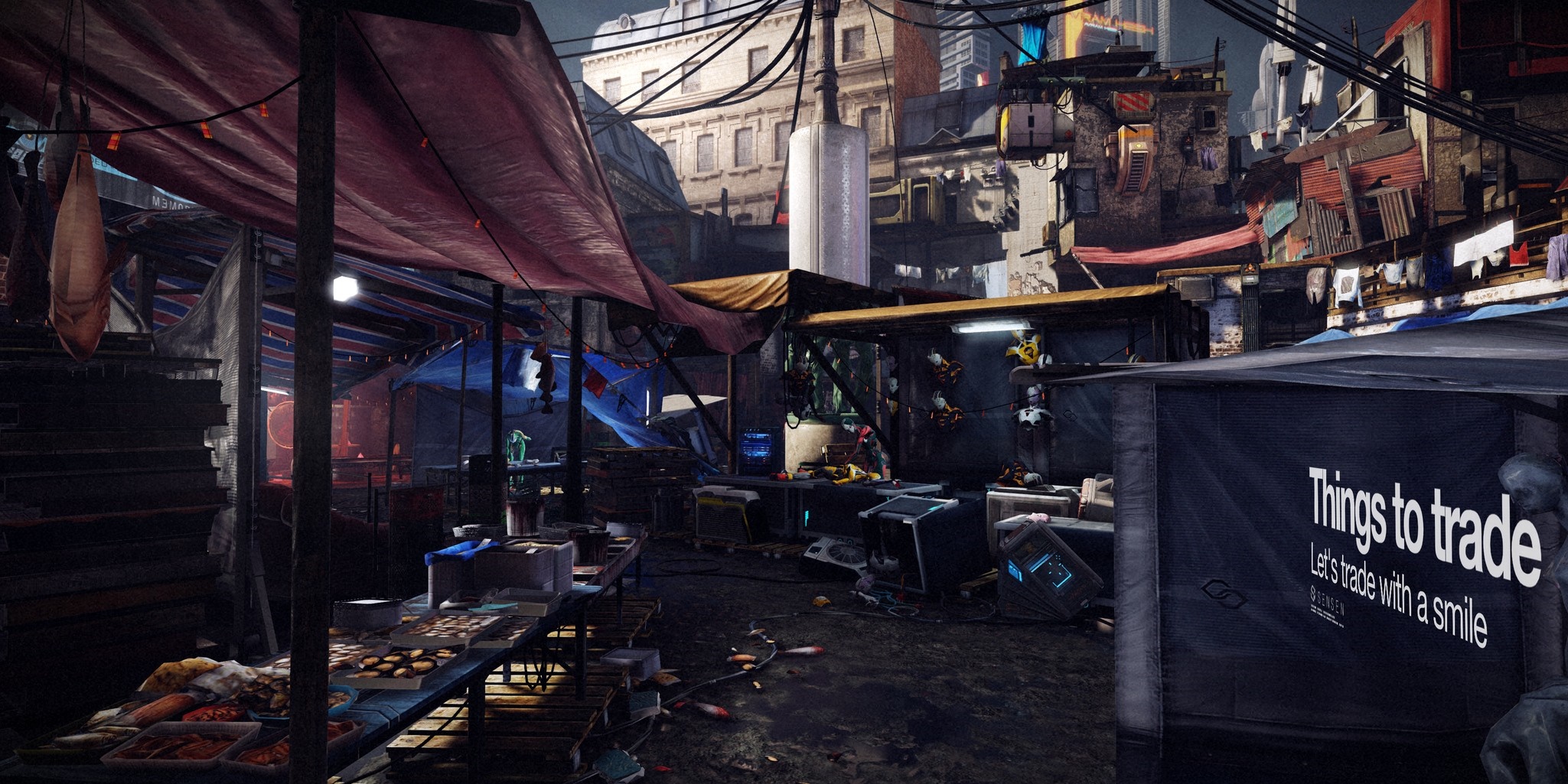 Market stalls in a futuristic, gritty city HD Wallpaper
