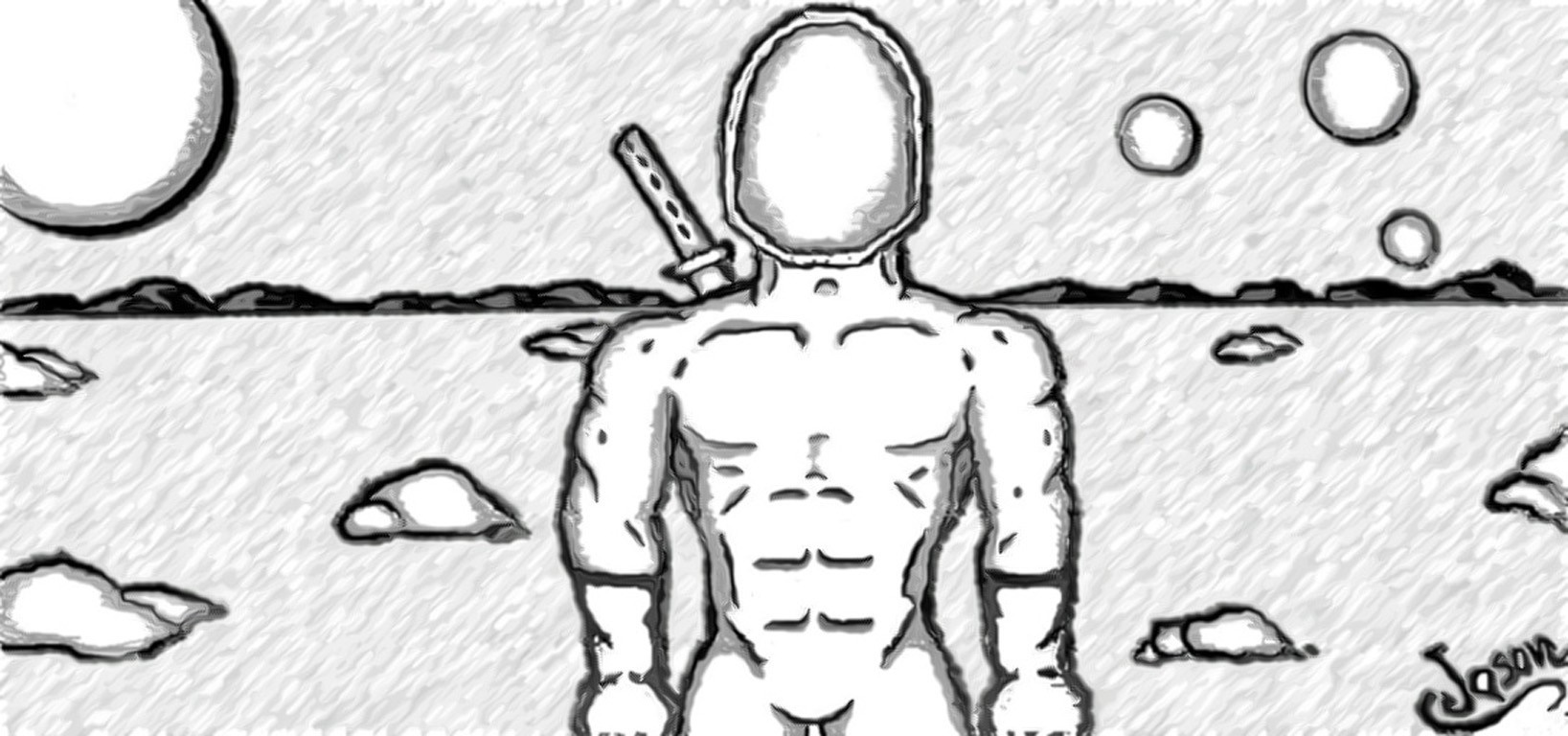 Muscular figure with sword in a surreal landscape HD Wallpaper