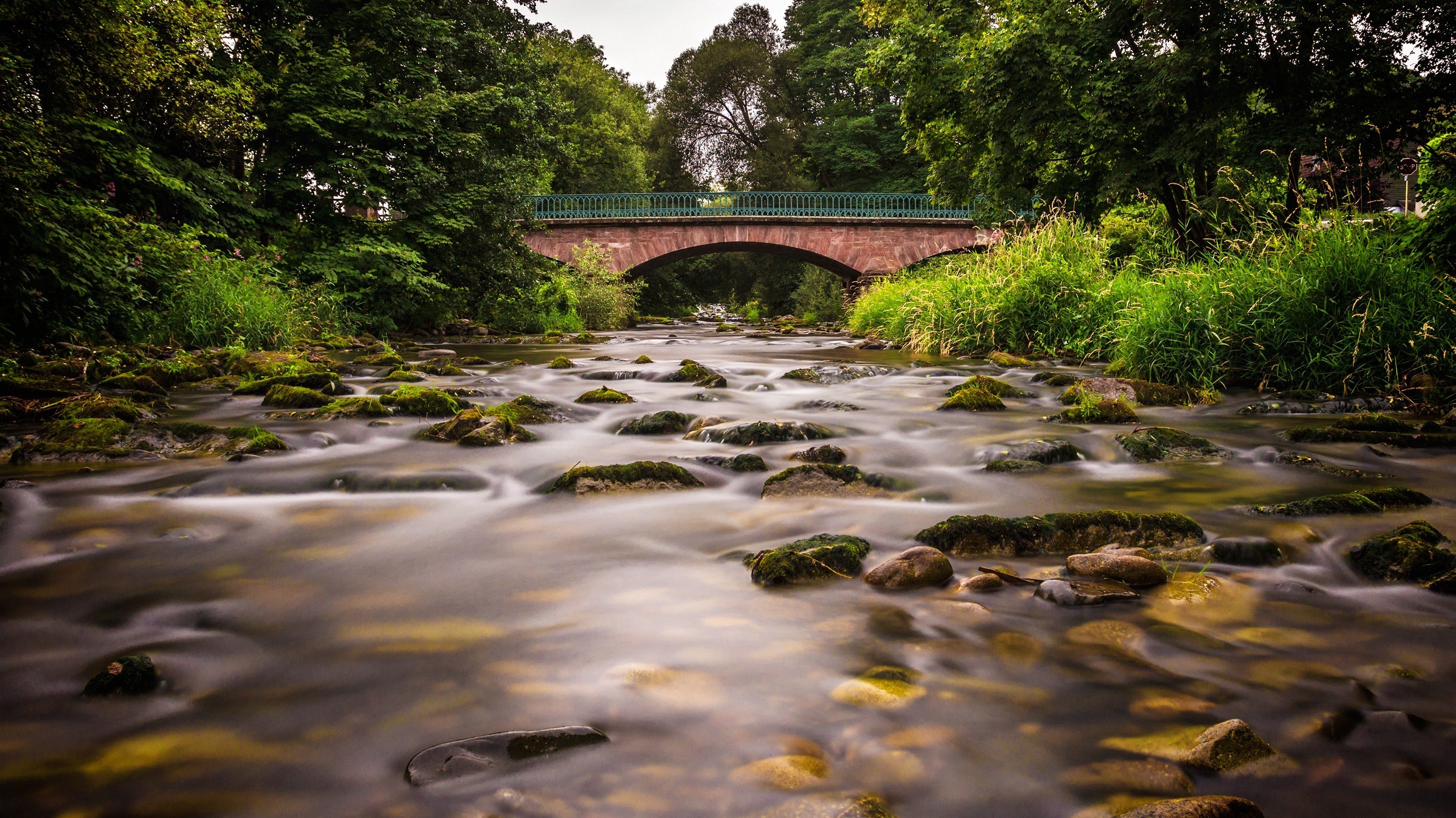 Stone bridge over a rocky stream in a forest HD Wallpaper