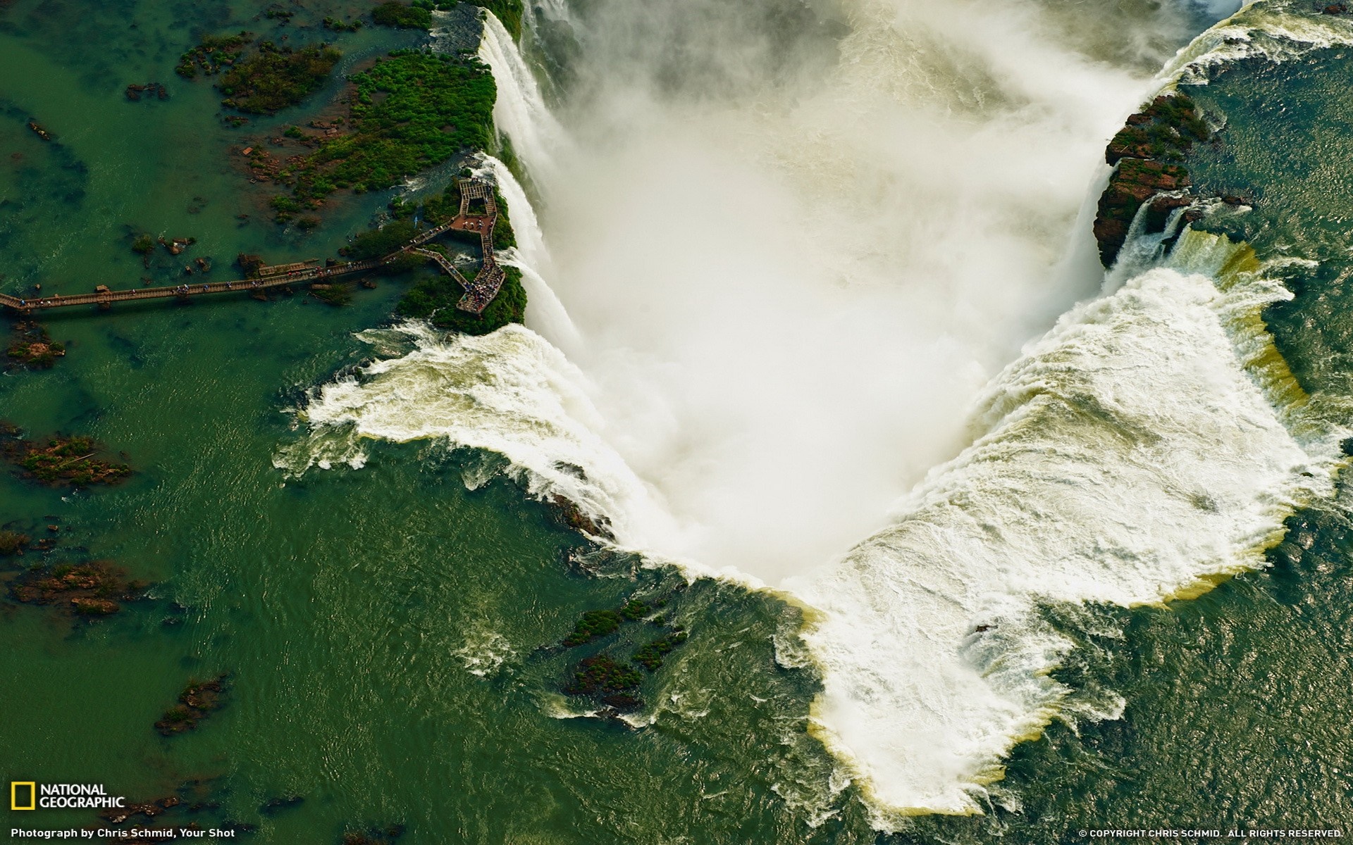 Aerial view of Iguazu Falls with boardwalk HD Wallpaper