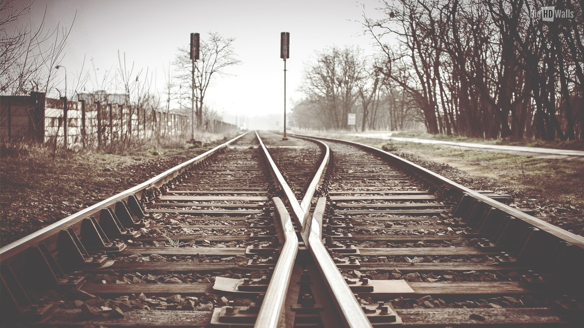 Train tracks splitting at a junction with signals HD Wallpaper