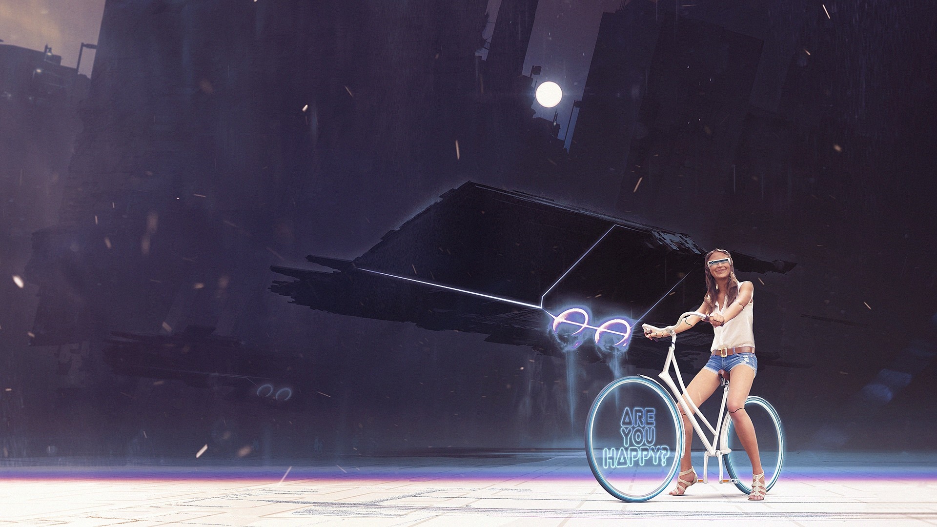 Woman on futuristic bicycle with spaceship in background HD Wallpaper