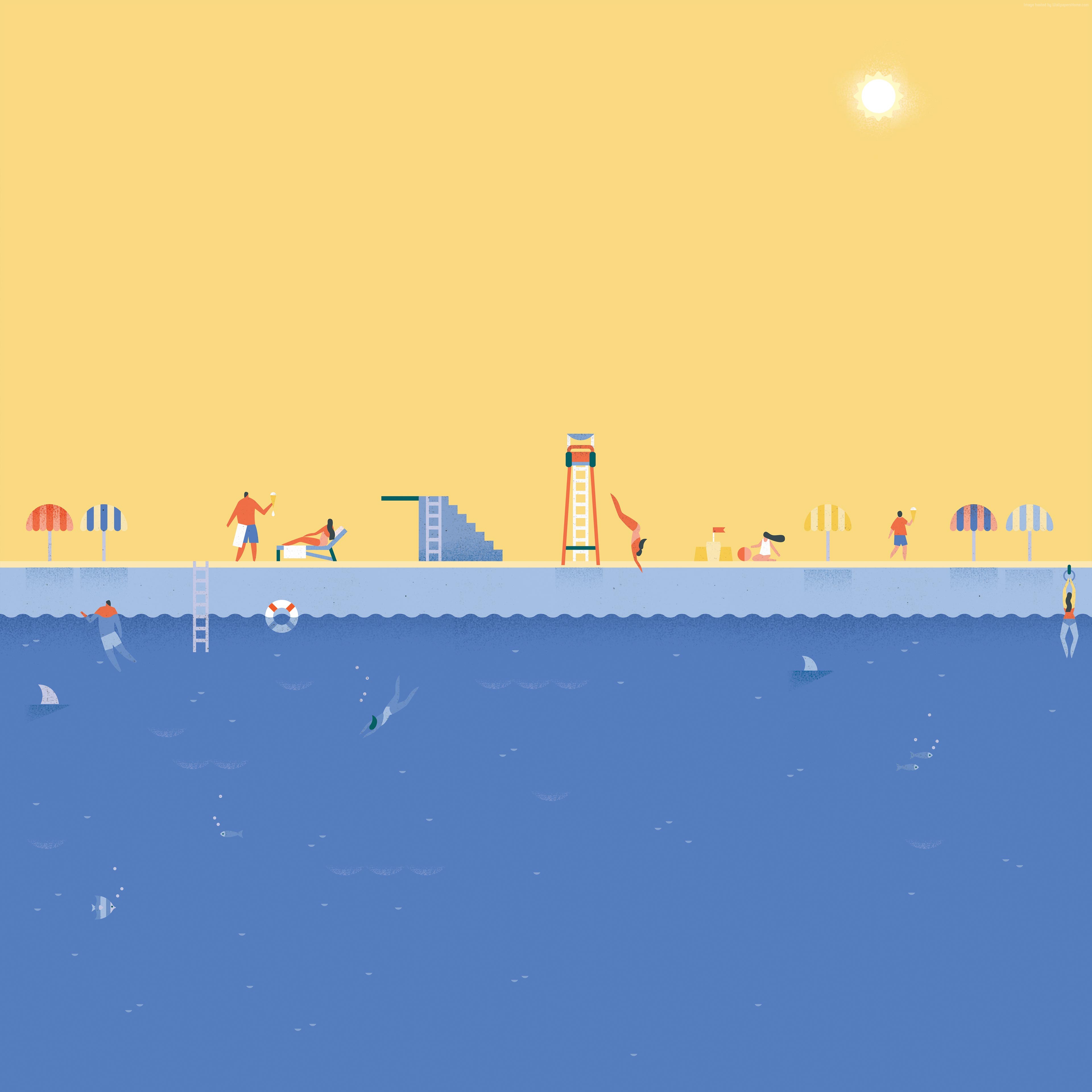 People at a swimming pool with diving board and lifeguard tower HD Wallpaper
