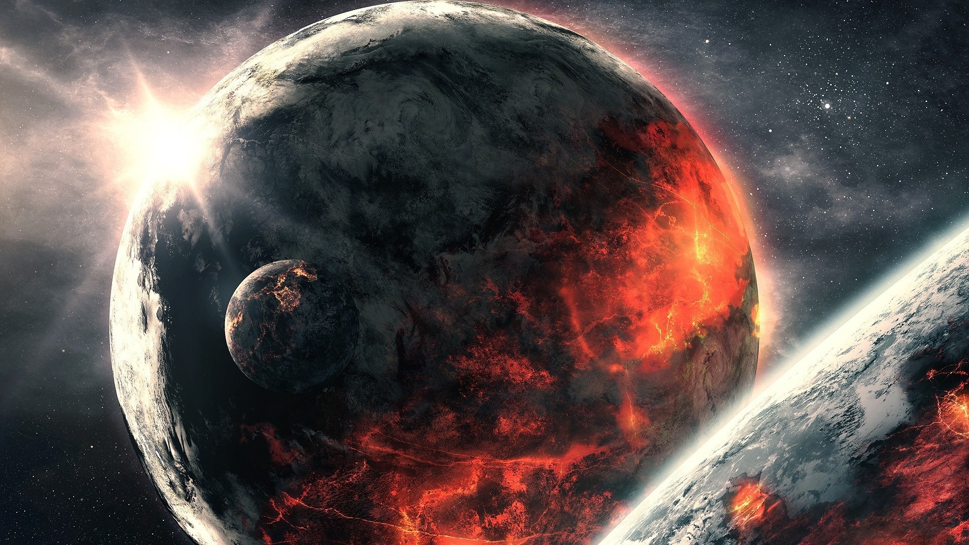 Planets in space with a sun and moon HD Wallpaper