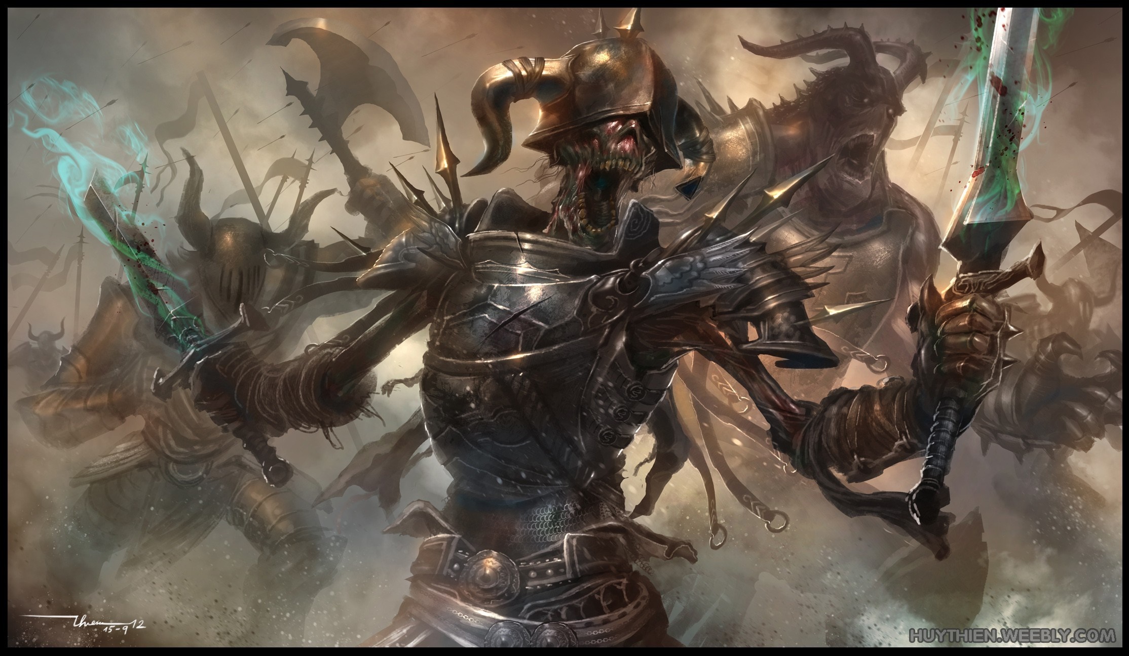 Undead warriors with glowing swords and axes in battle HD Wallpaper