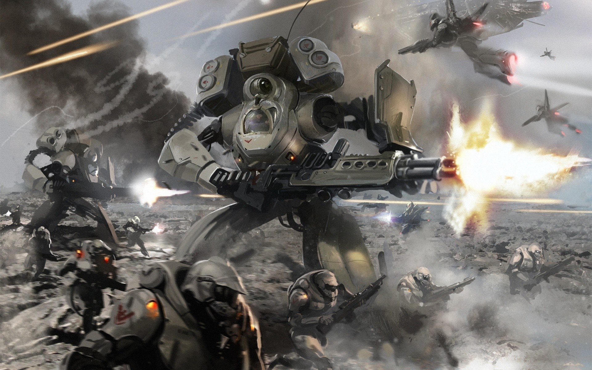 Futuristic soldiers and mechs in a war-torn landscape HD Wallpaper