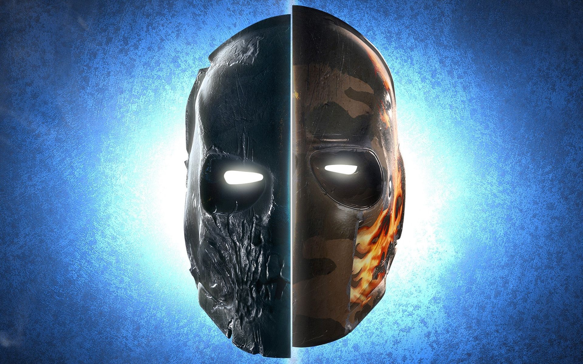 Split mask with glowing eyes on blue background HD Wallpaper