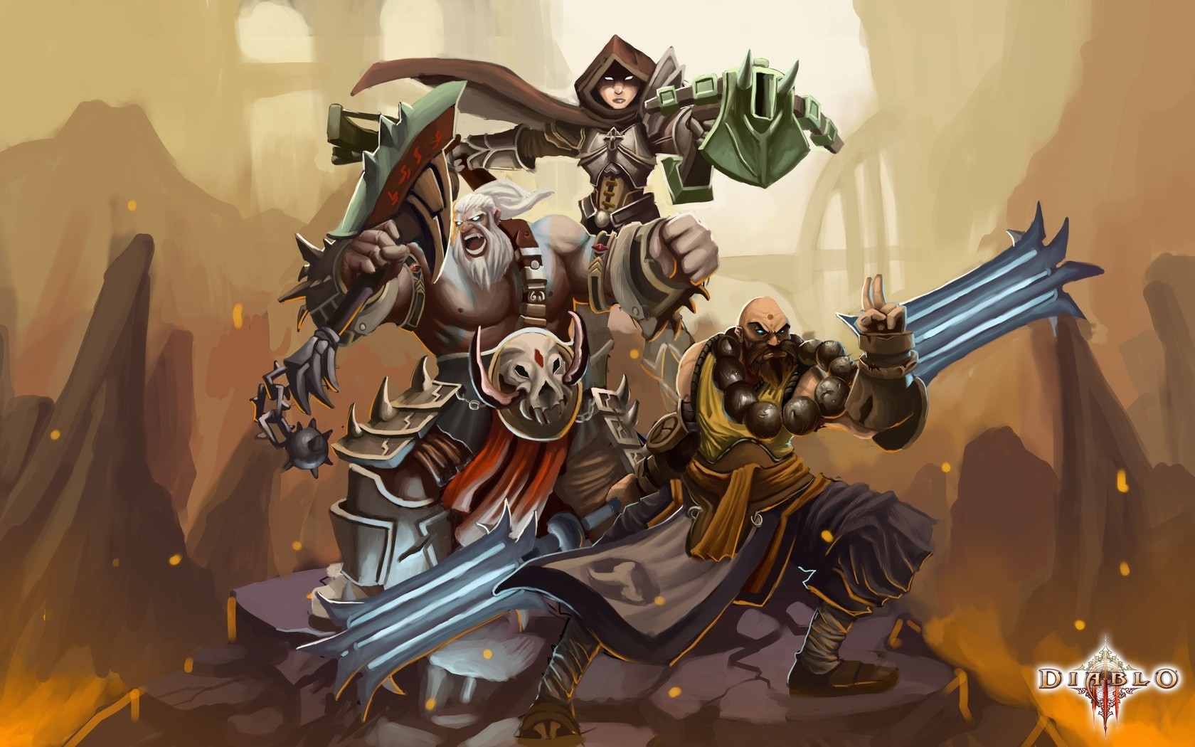 Diablo III characters: Monk, Barbarian, Demon Hunter, and Crusader HD Wallpaper