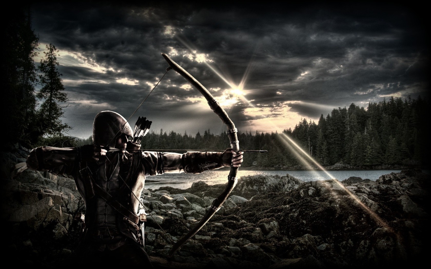 Assassin's Creed archer aiming bow at sunset HD Wallpaper