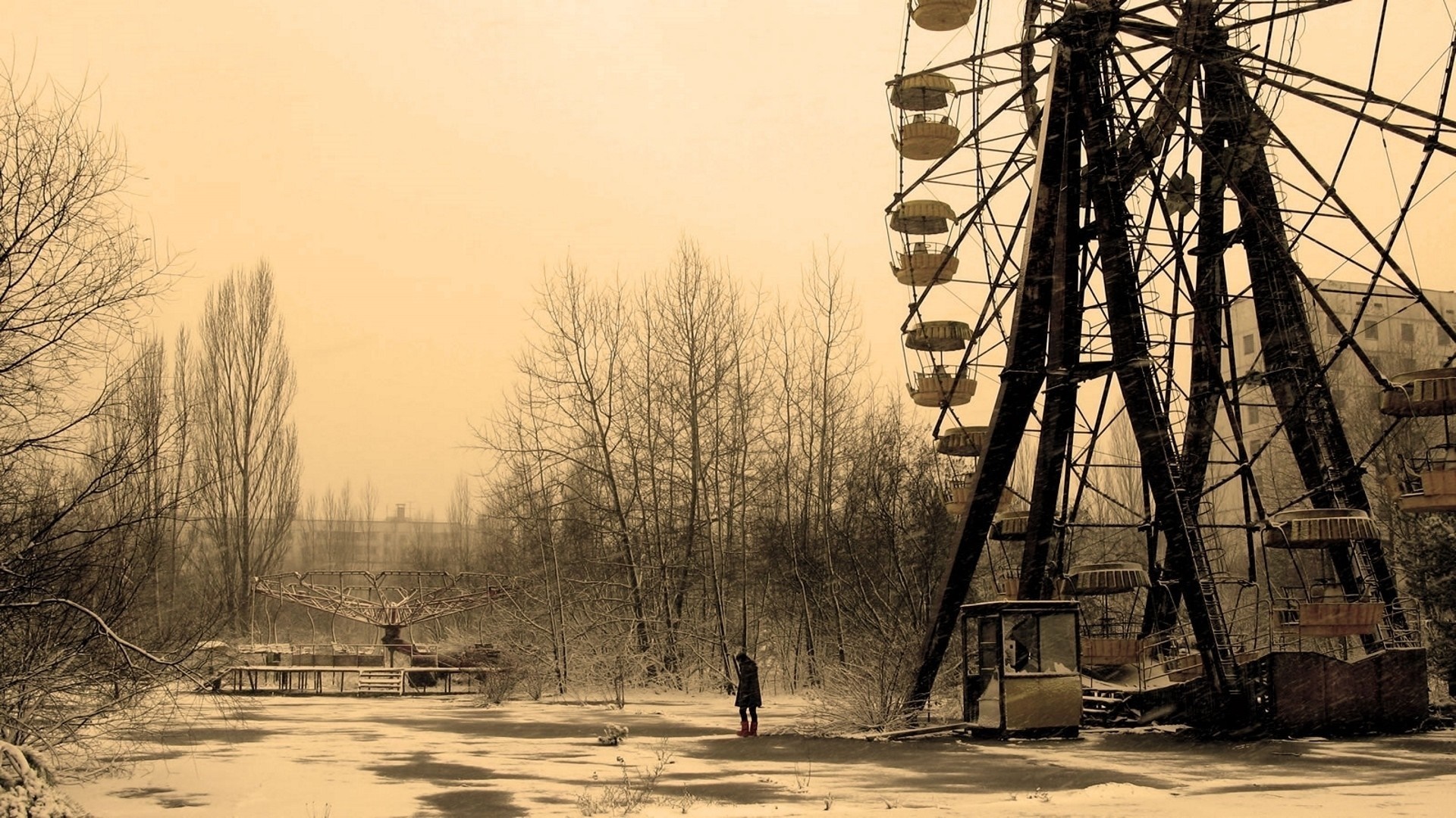 Abandoned Ferris wheel in Pripyat during winter HD Wallpaper