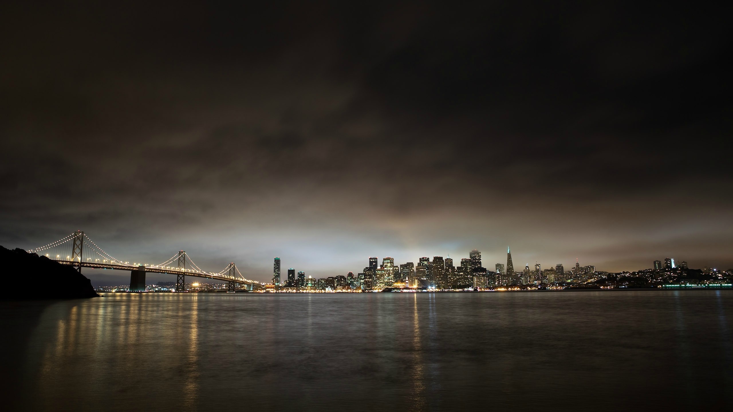 San Francisco Bay Bridge and Skyline at Night HD Wallpaper