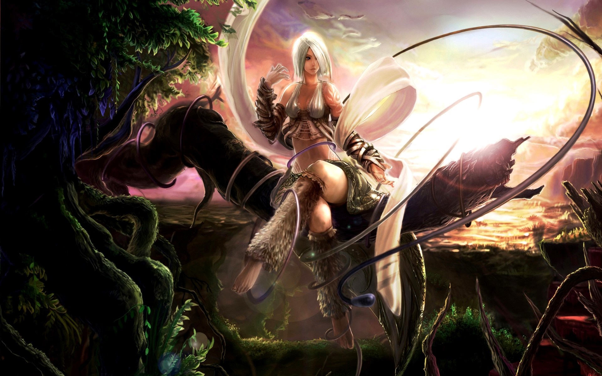 Anime woman with white hair in fantasy forest HD Wallpaper