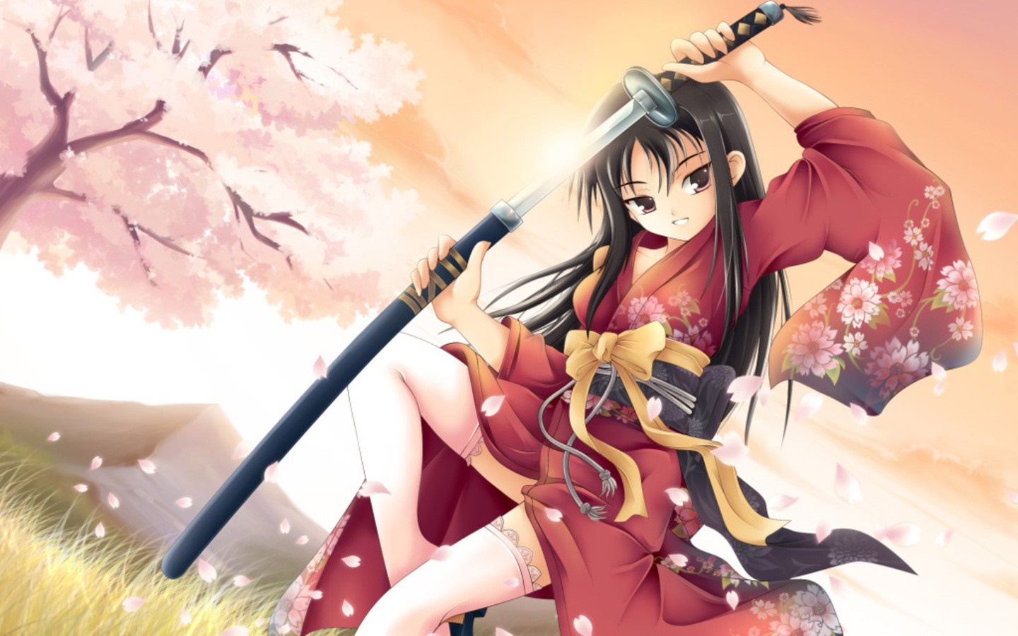 Anime girl in kimono with sword under cherry blossoms HD Wallpaper