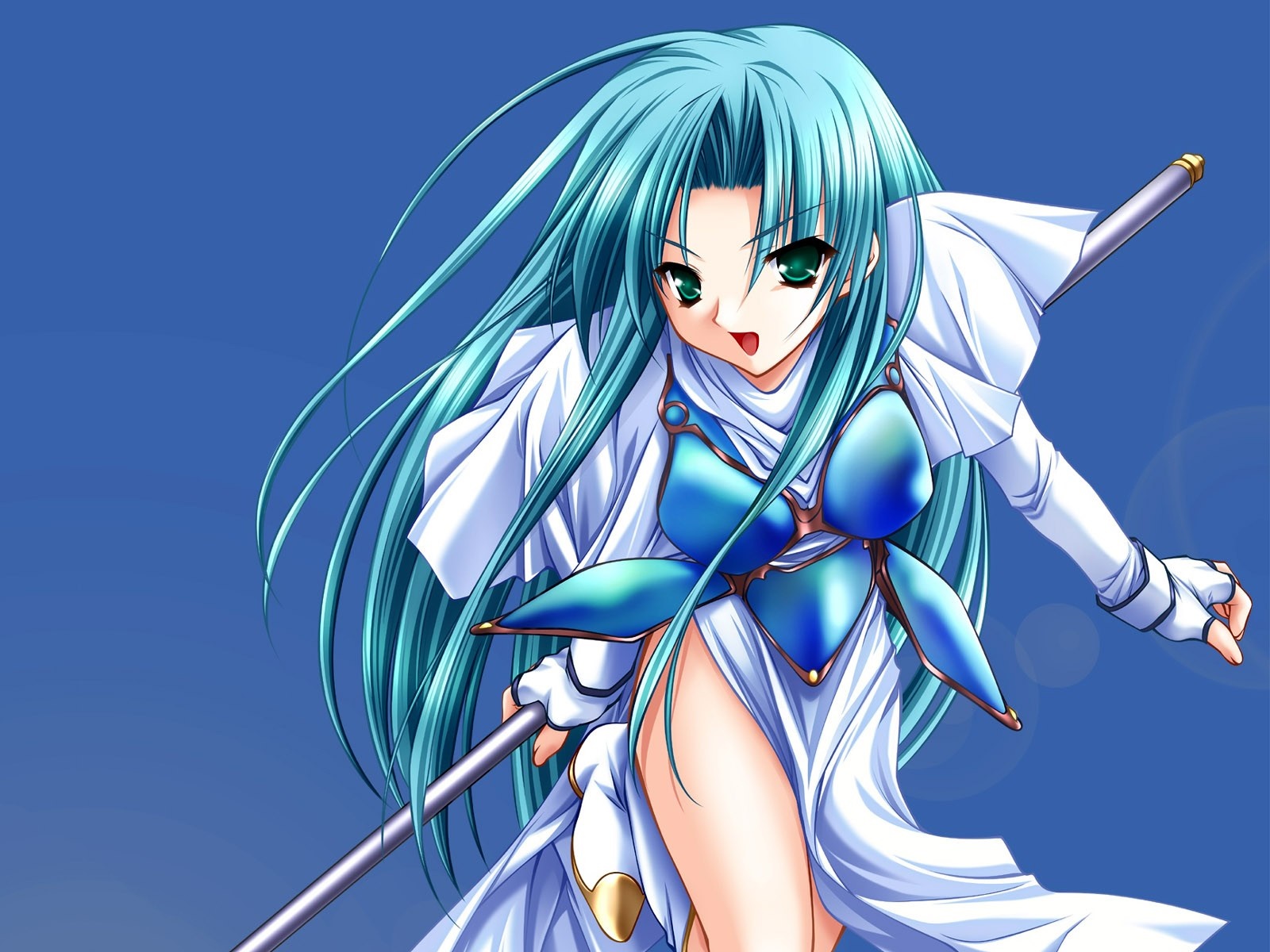 Anime girl with blue hair and white outfit holding a staff HD Wallpaper
