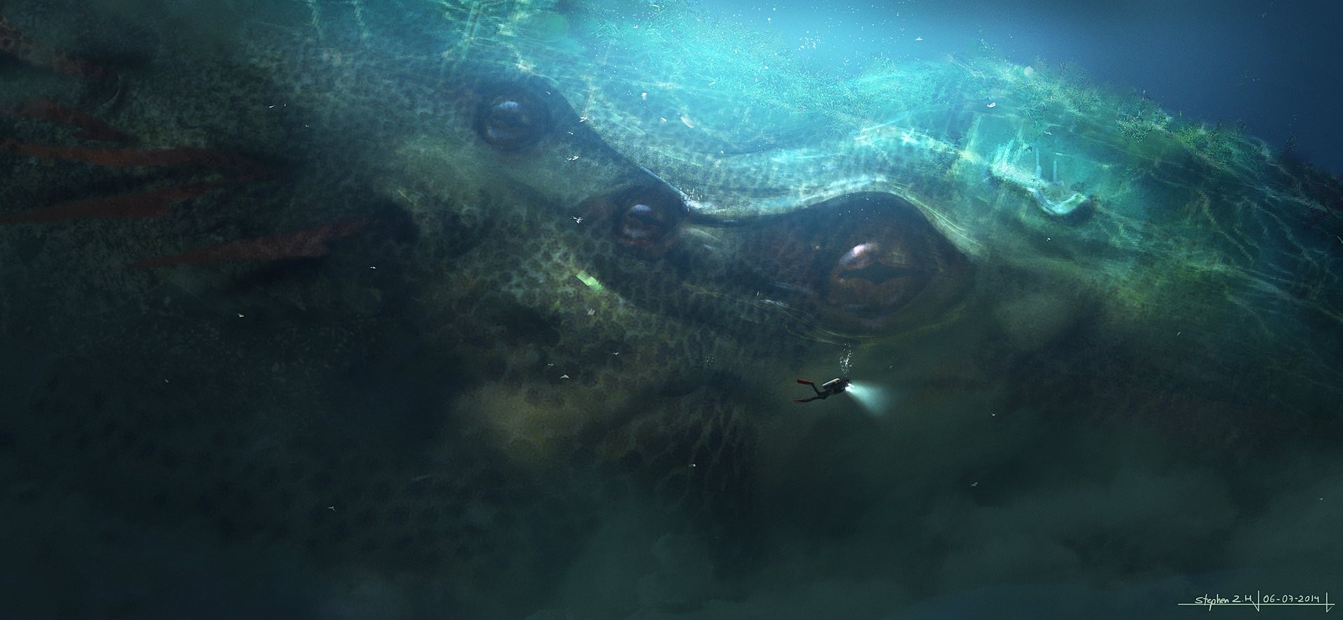 Giant sea creature and diver underwater HD Wallpaper