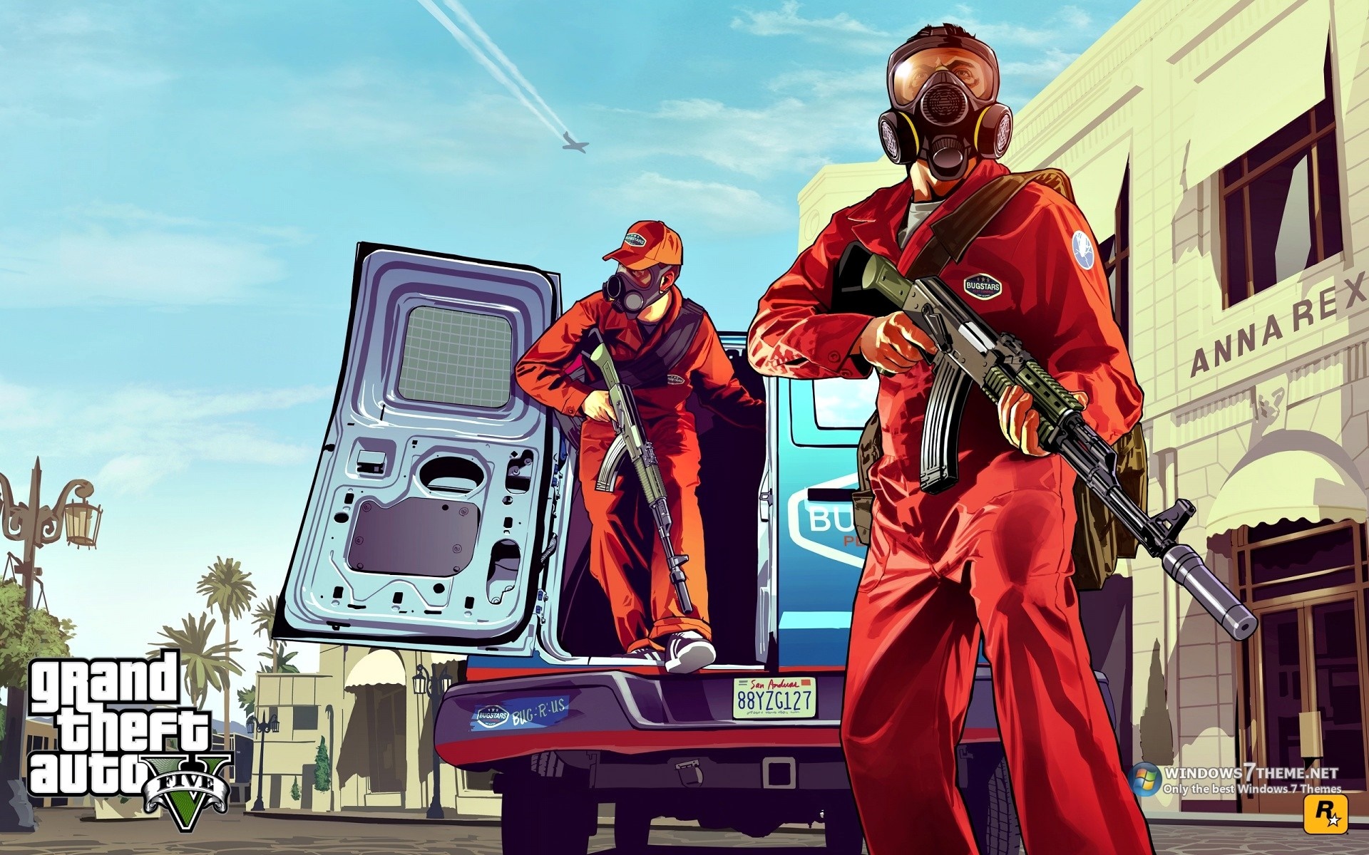 Grand Theft Auto V characters in red suits with gas masks HD Wallpaper