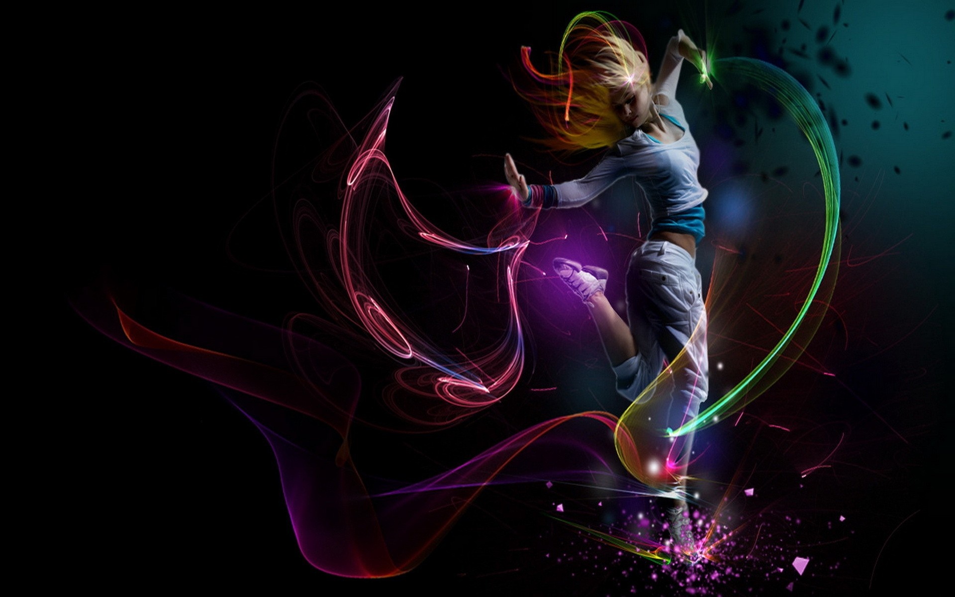 Dancer performing with colorful light trails HD Wallpaper