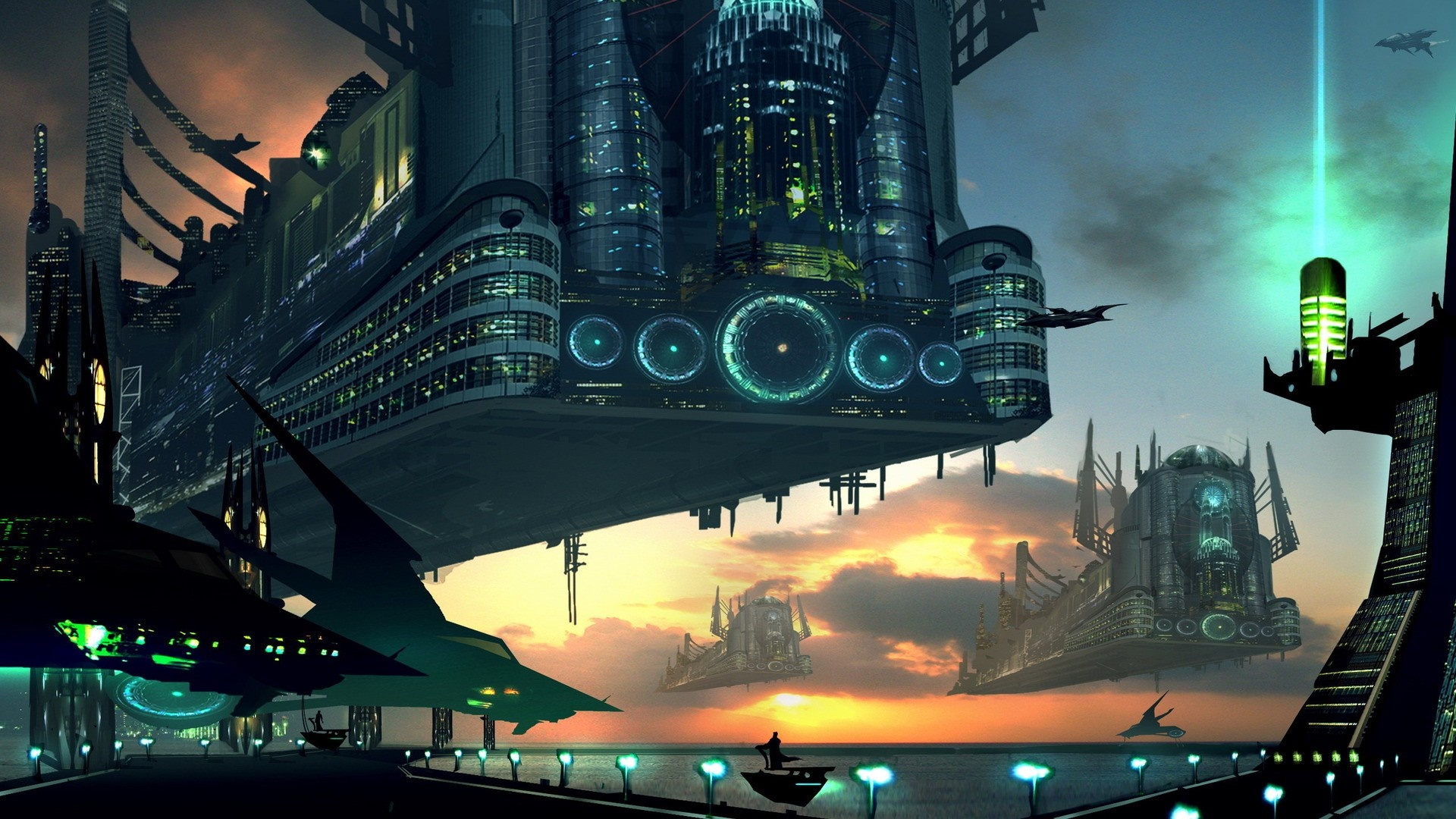 Futuristic city with flying spaceships at sunset HD Wallpaper