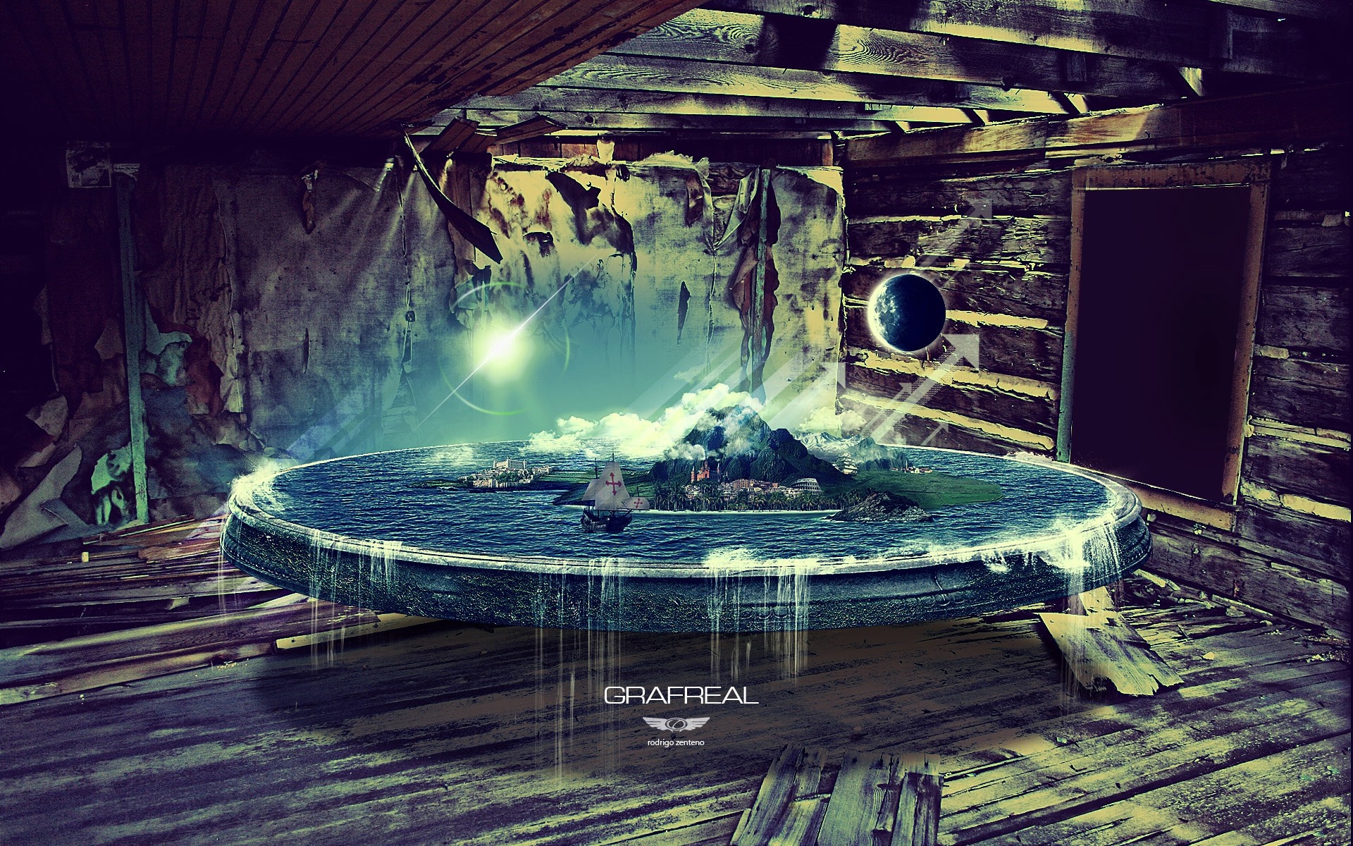 Digital art of a surreal floating island in a derelict room HD Wallpaper