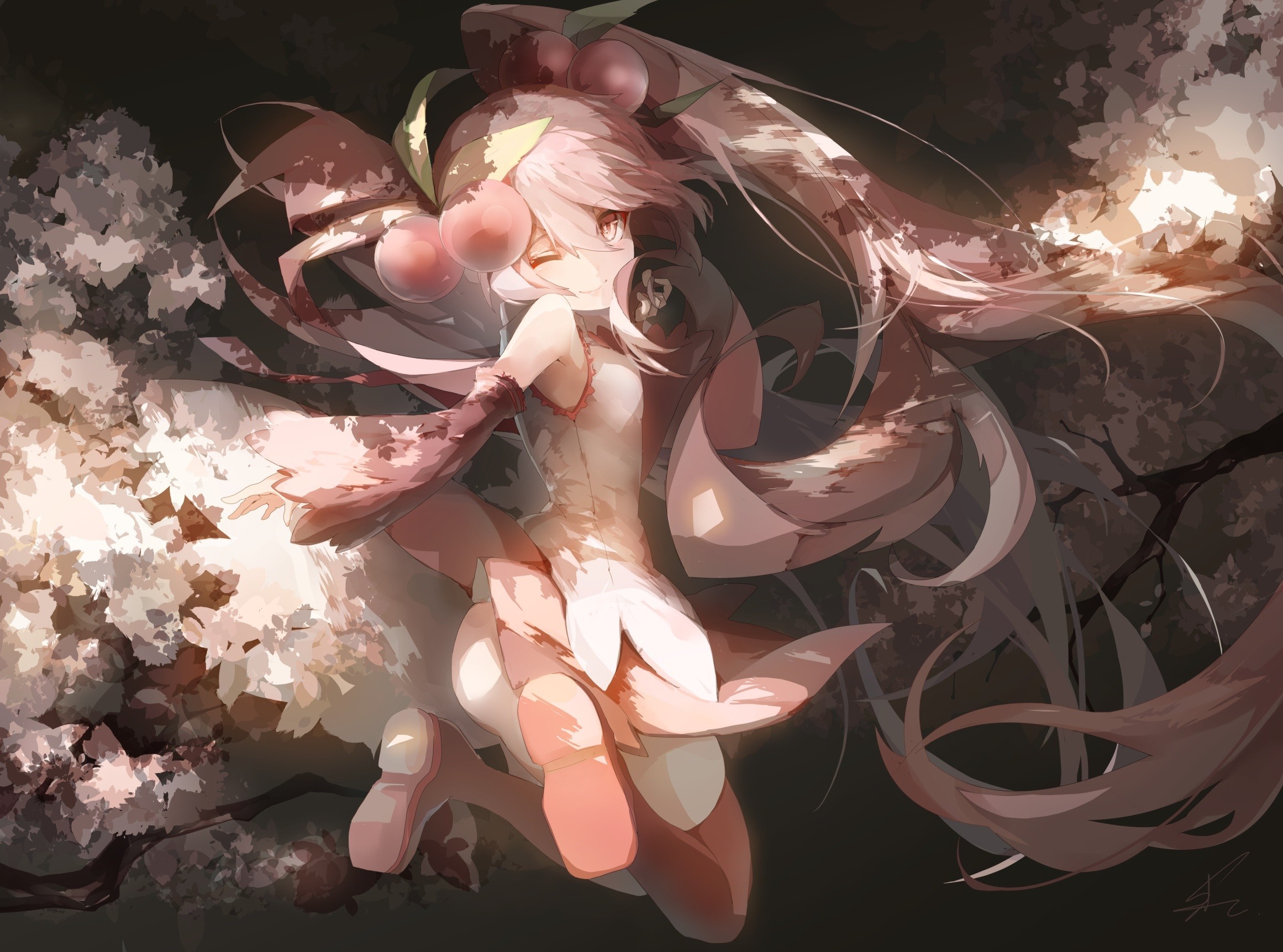 Sakura Miku from Vocaloid with cherry blossoms HD Wallpaper