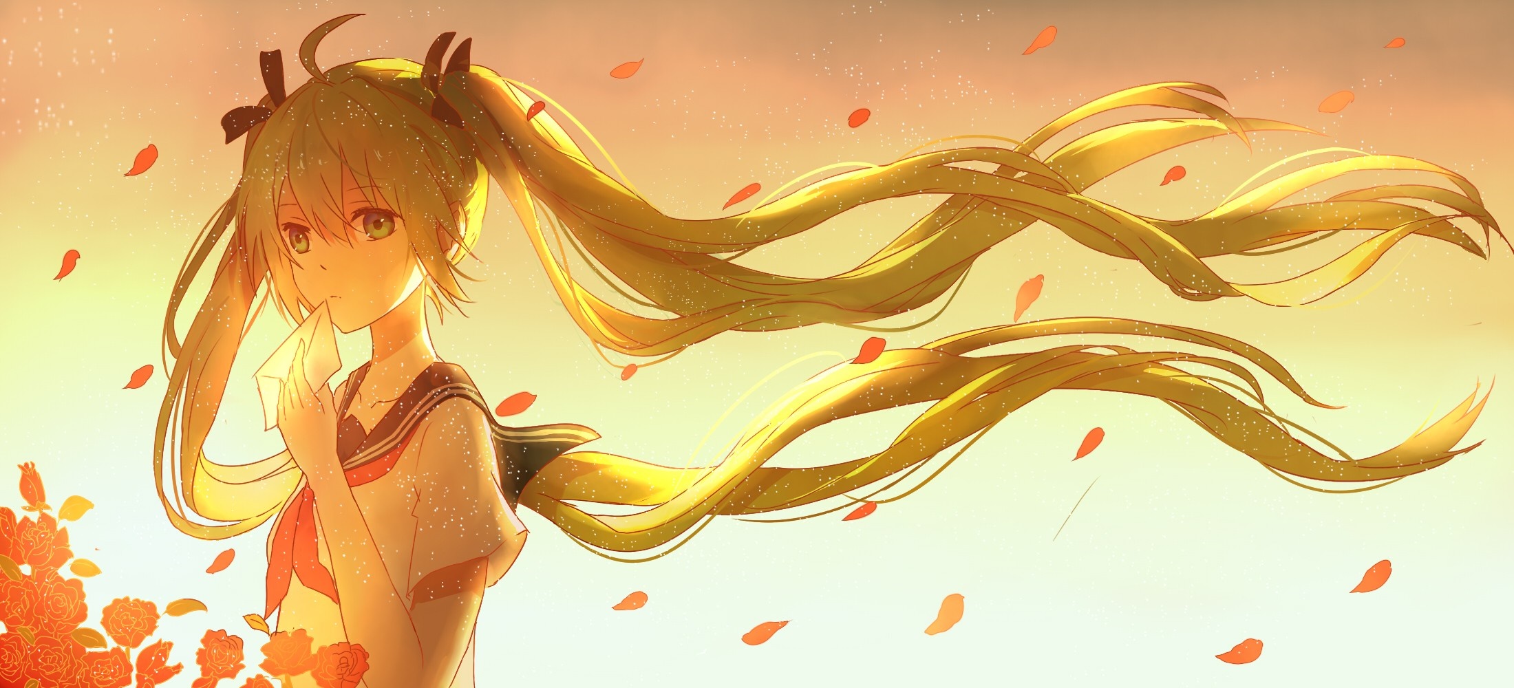 Hatsune Miku with long twintails and falling petals HD Wallpaper