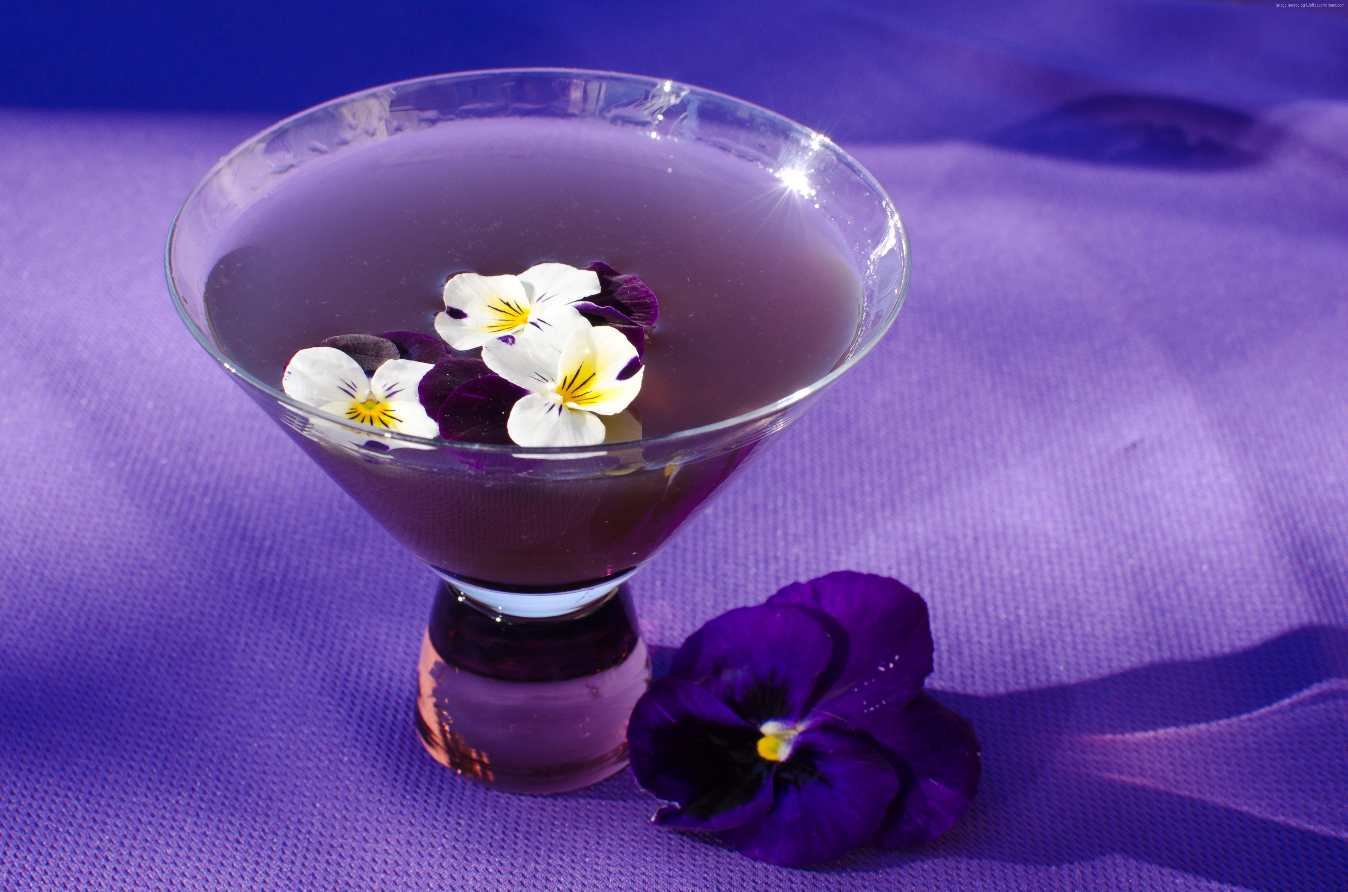 Purple cocktail with pansies in a martini glass HD Wallpaper