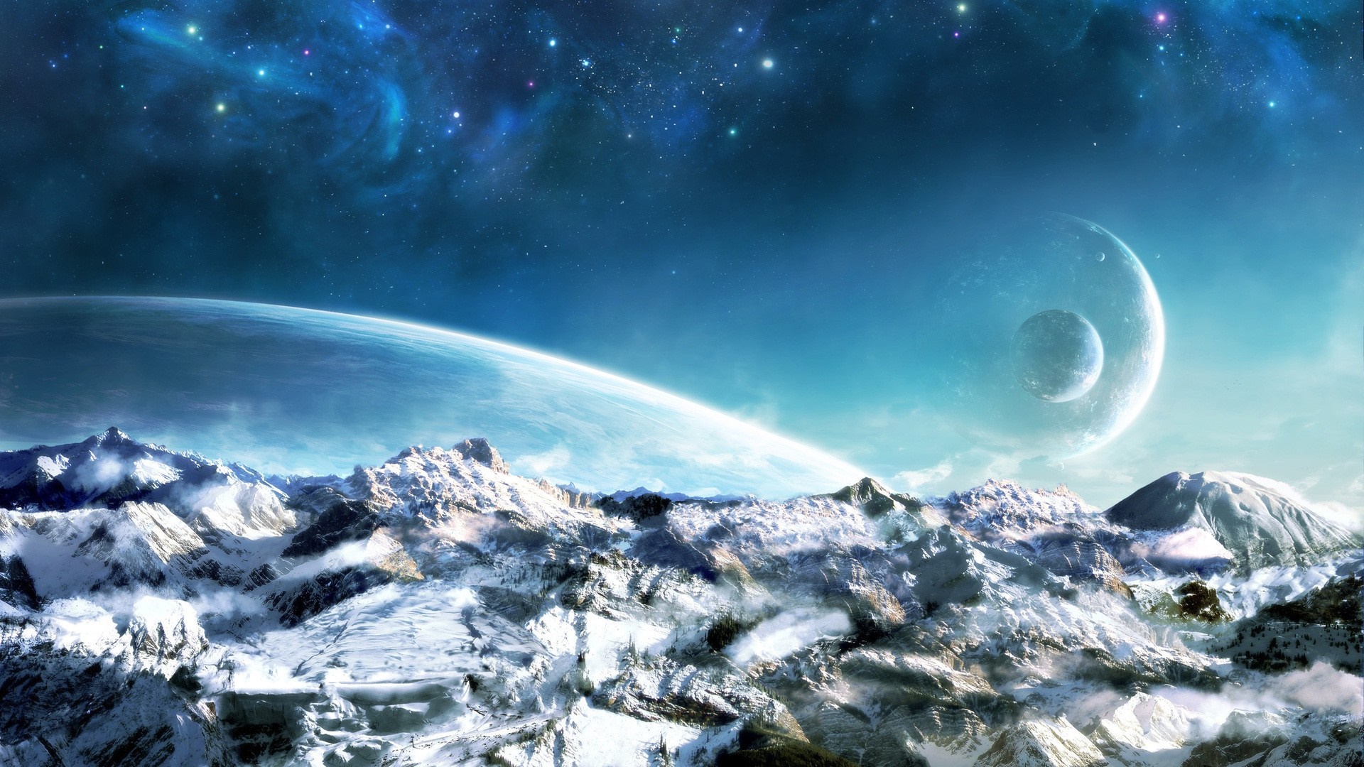 Snowy mountains under a starry sky with planets HD Wallpaper
